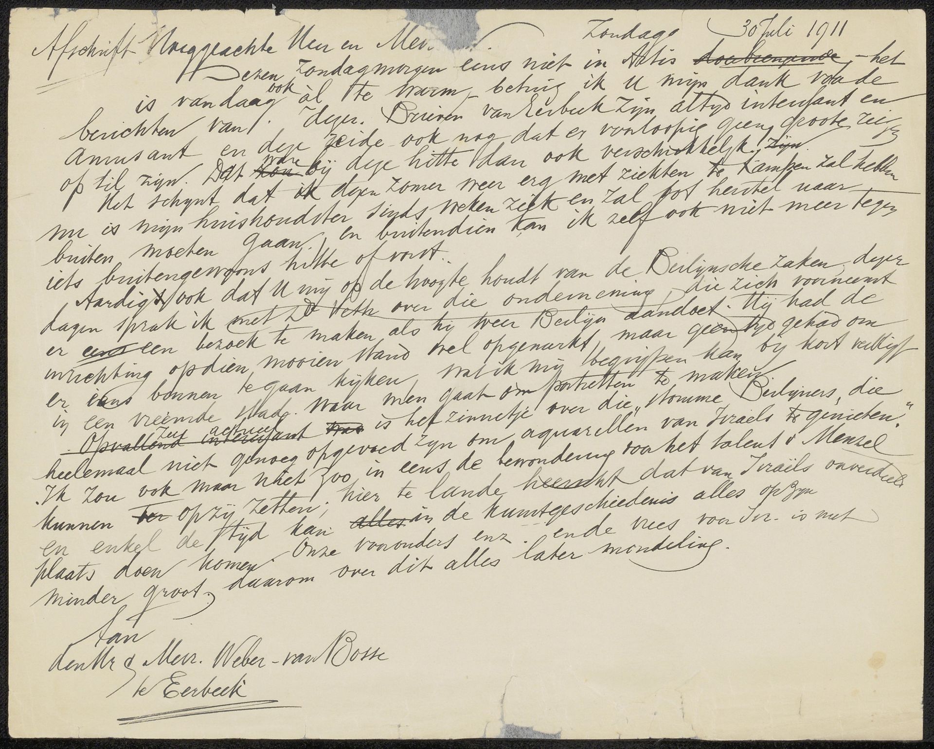 Brief aan Max Wilhelm Carl Weber en Anne Antoinette Weber-Van Bosse by August Allebé