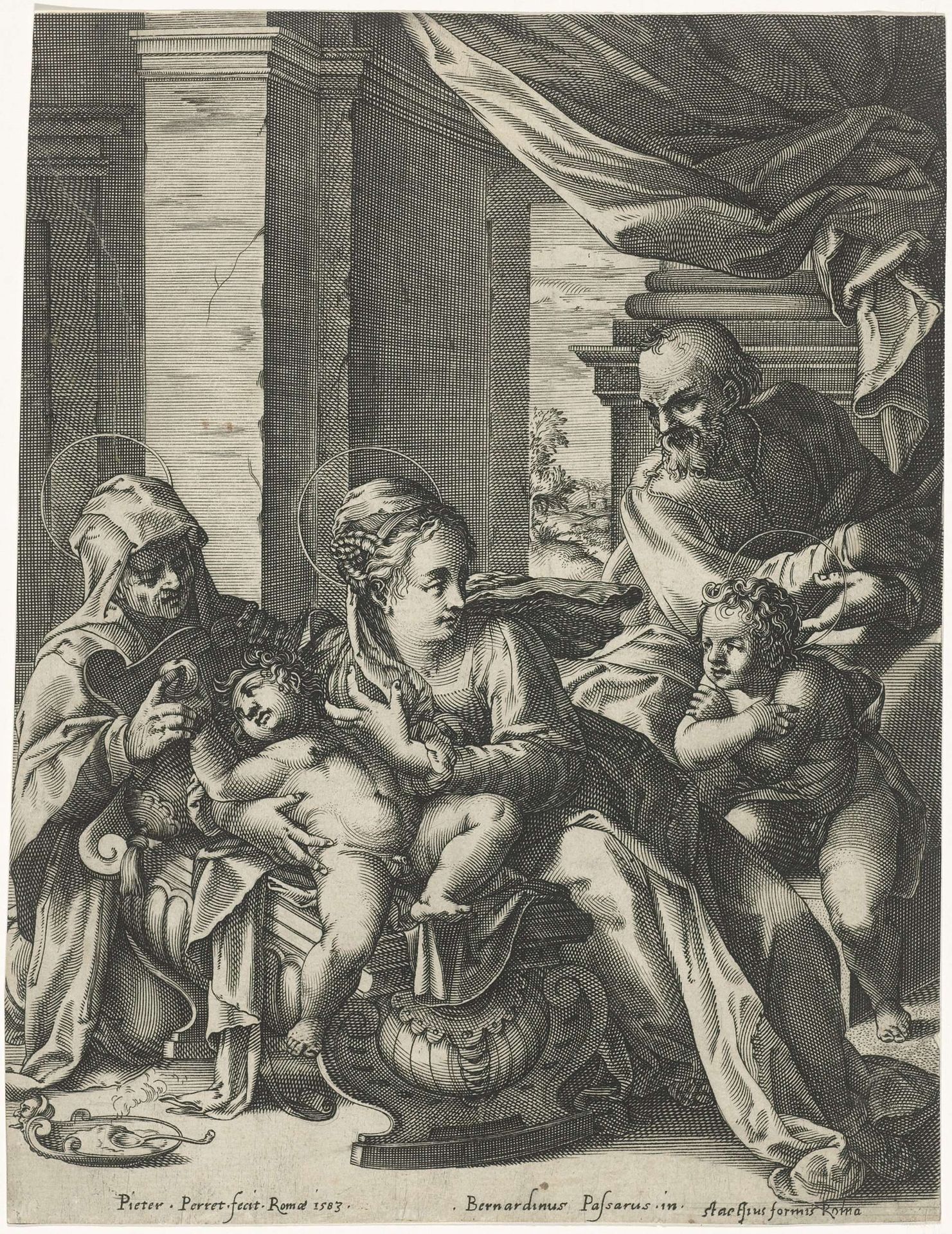 De Heilige Familie met Anna en Johannes de Doper by Pieter Perret