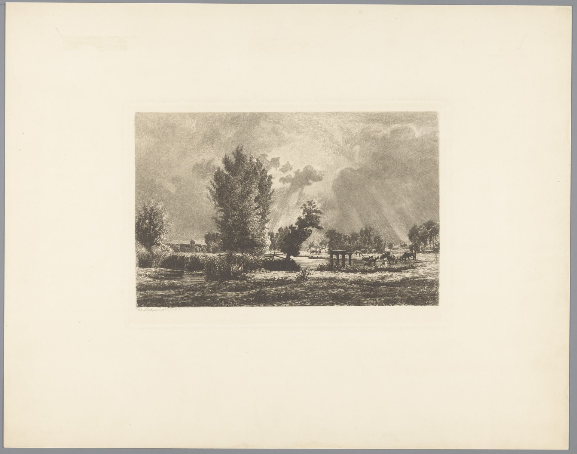 Landschap met drinkende en grazende koeien by Charles Joseph Beauverie