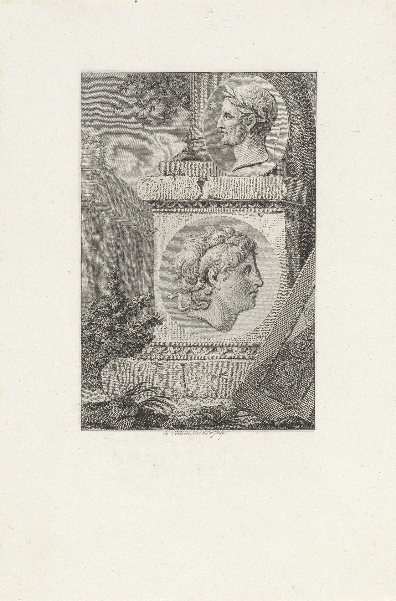 Medaillons met portretten van Alexander de Grote en Julius Ceasar op een pilaar by Reinier Vinkeles
