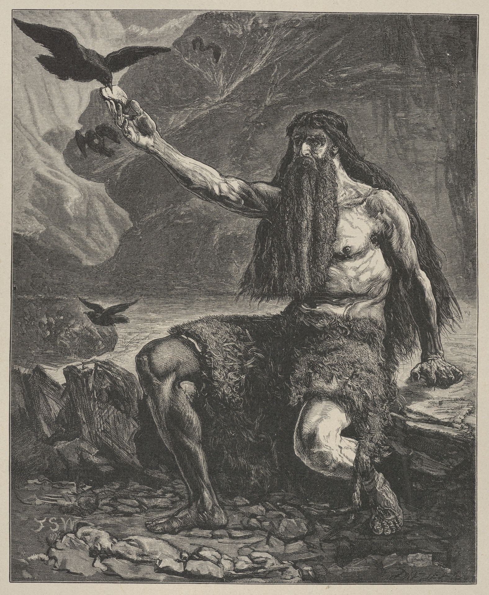 Elijah Fed By Ravens, from "Dalziels' Bible Gallery" by Francis Sylvester Walker