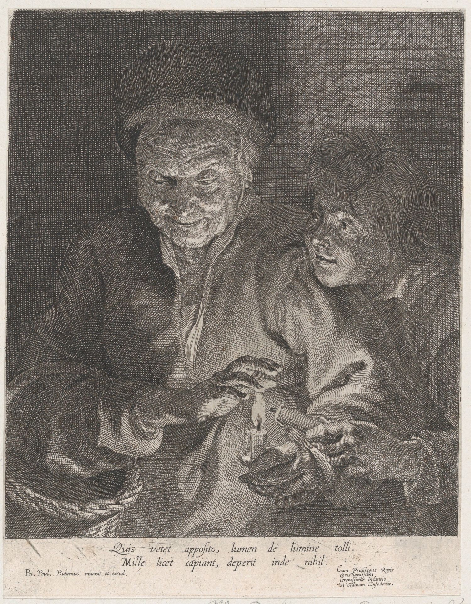Old woman and a boy with candles by Paulus Pontius