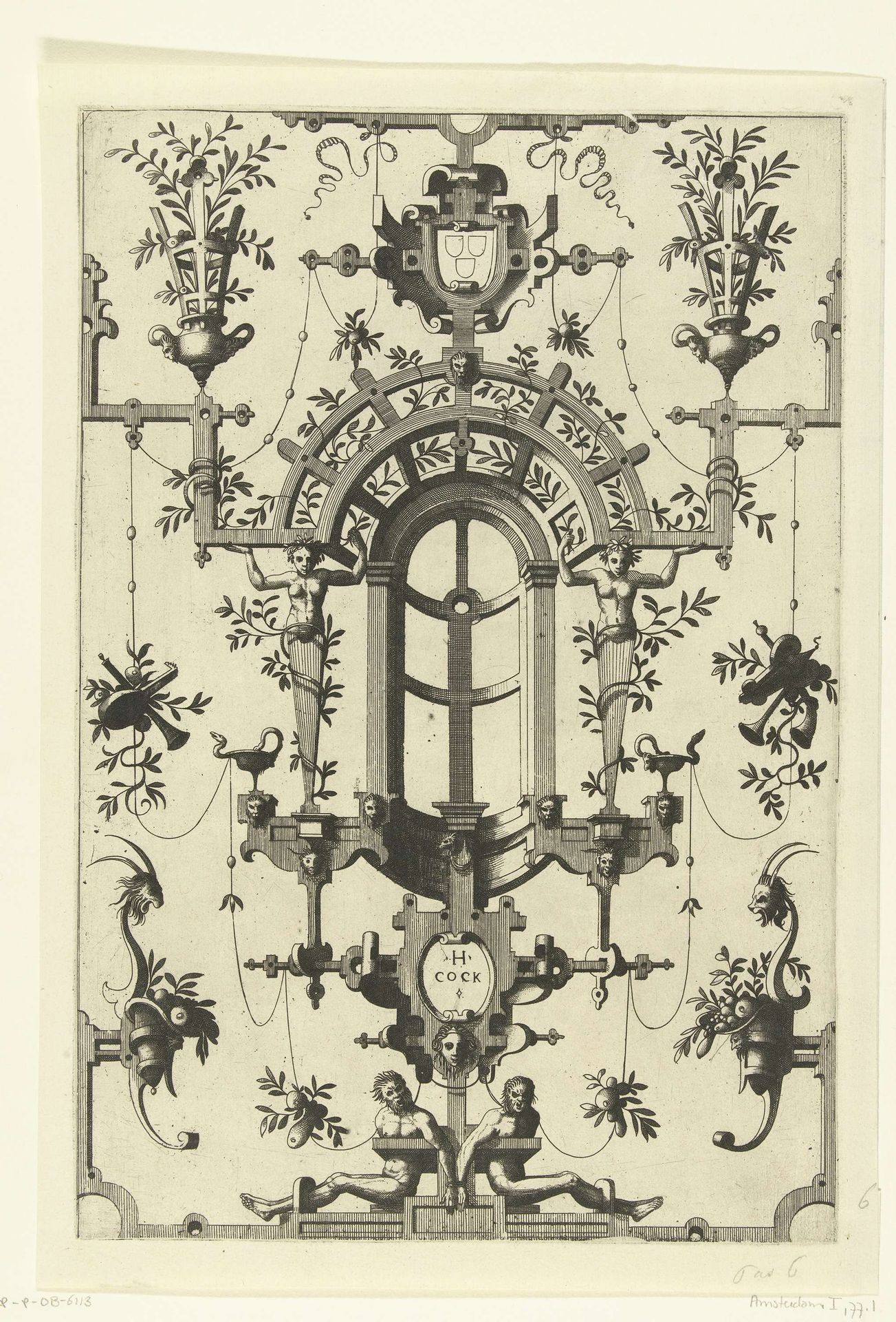Cartouche met een wapen, rustend op latwerk boven een nis by Johannes of Lucas van Doetechum