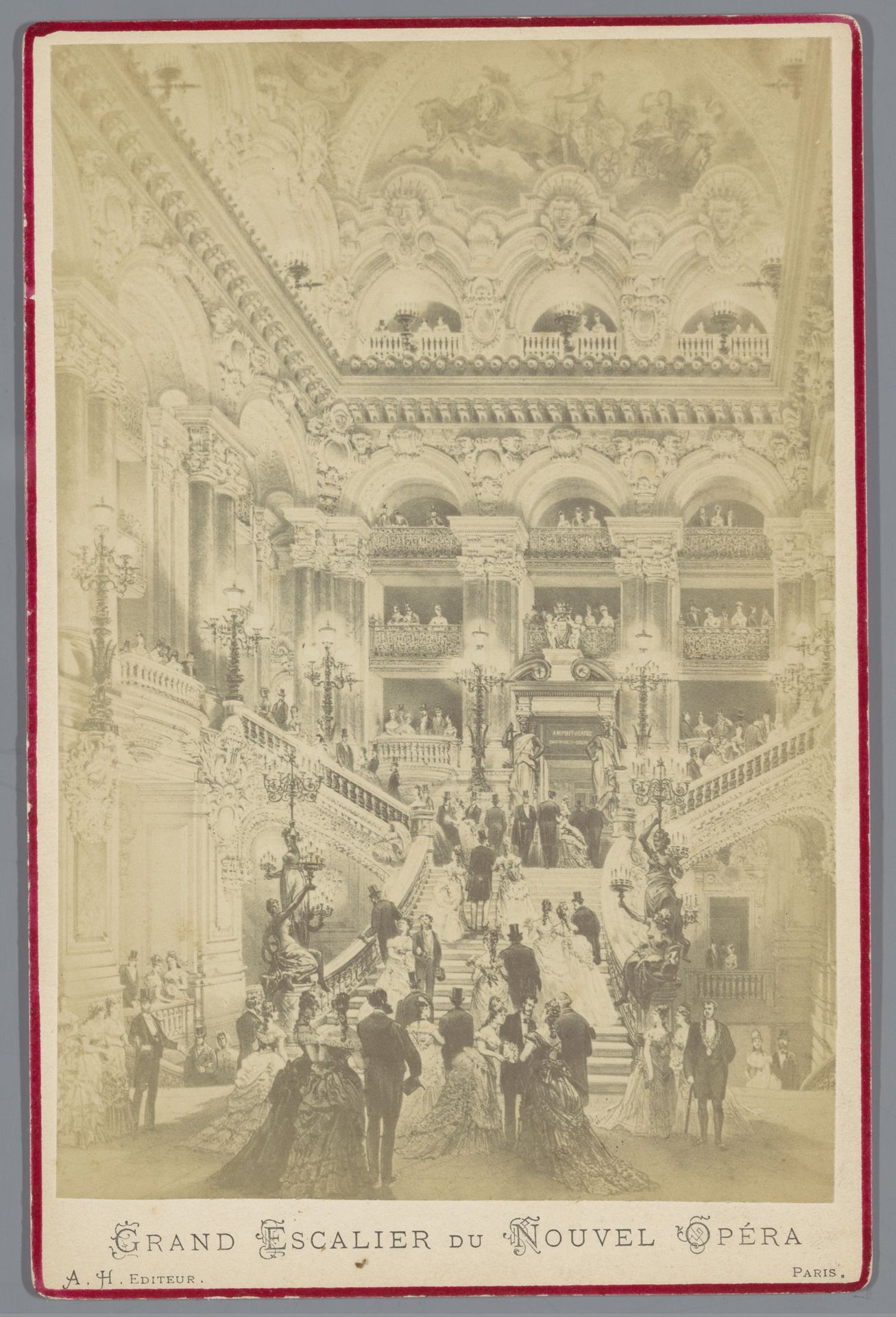 Fotoreproductie van een tekening, voorstellende de trap in de Opéra Garnier te Parijs by Anonymous