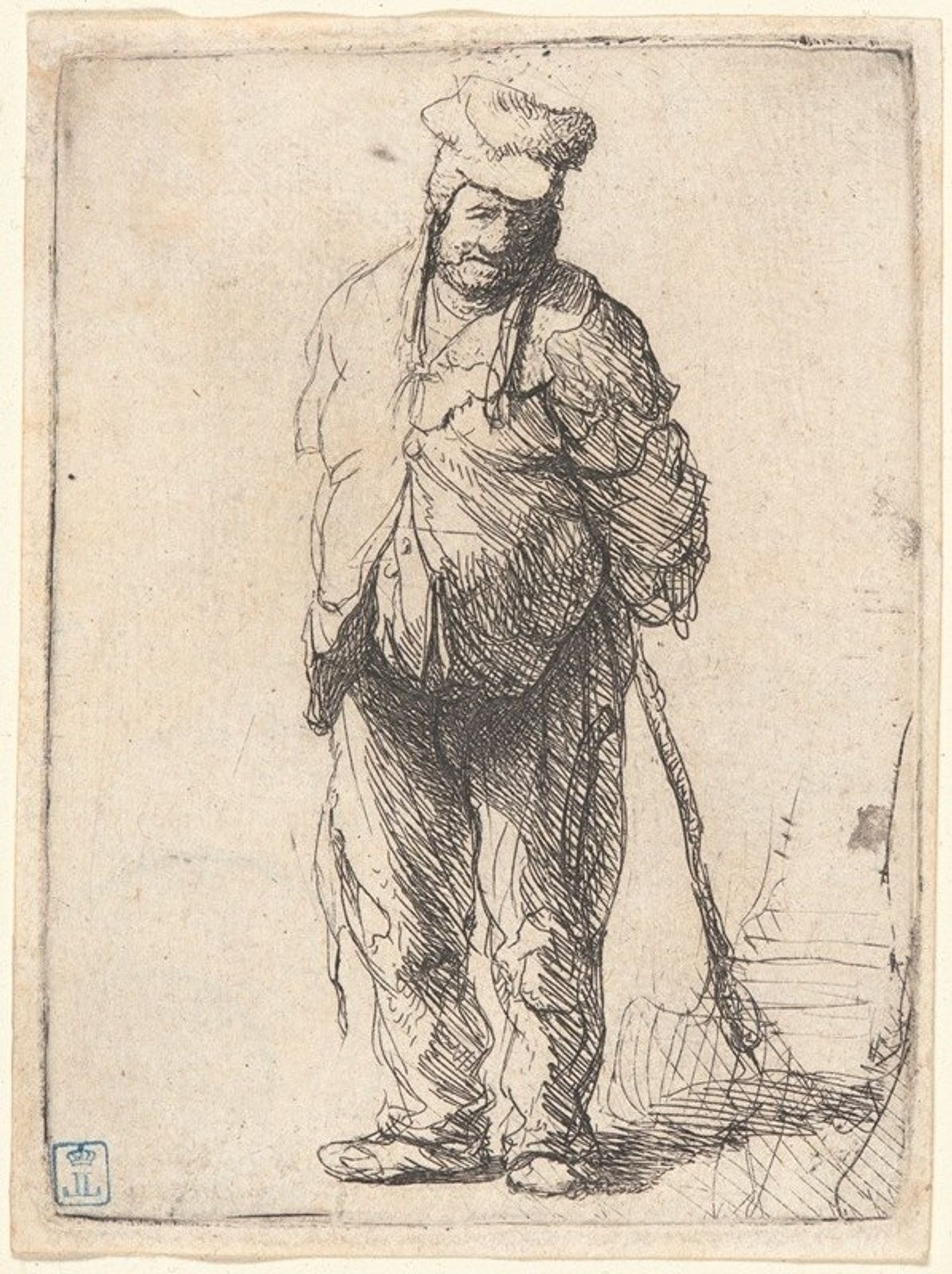 Ragged Peasant with His Hands behind Him, Holding a Stick by Rembrandt van Rijn