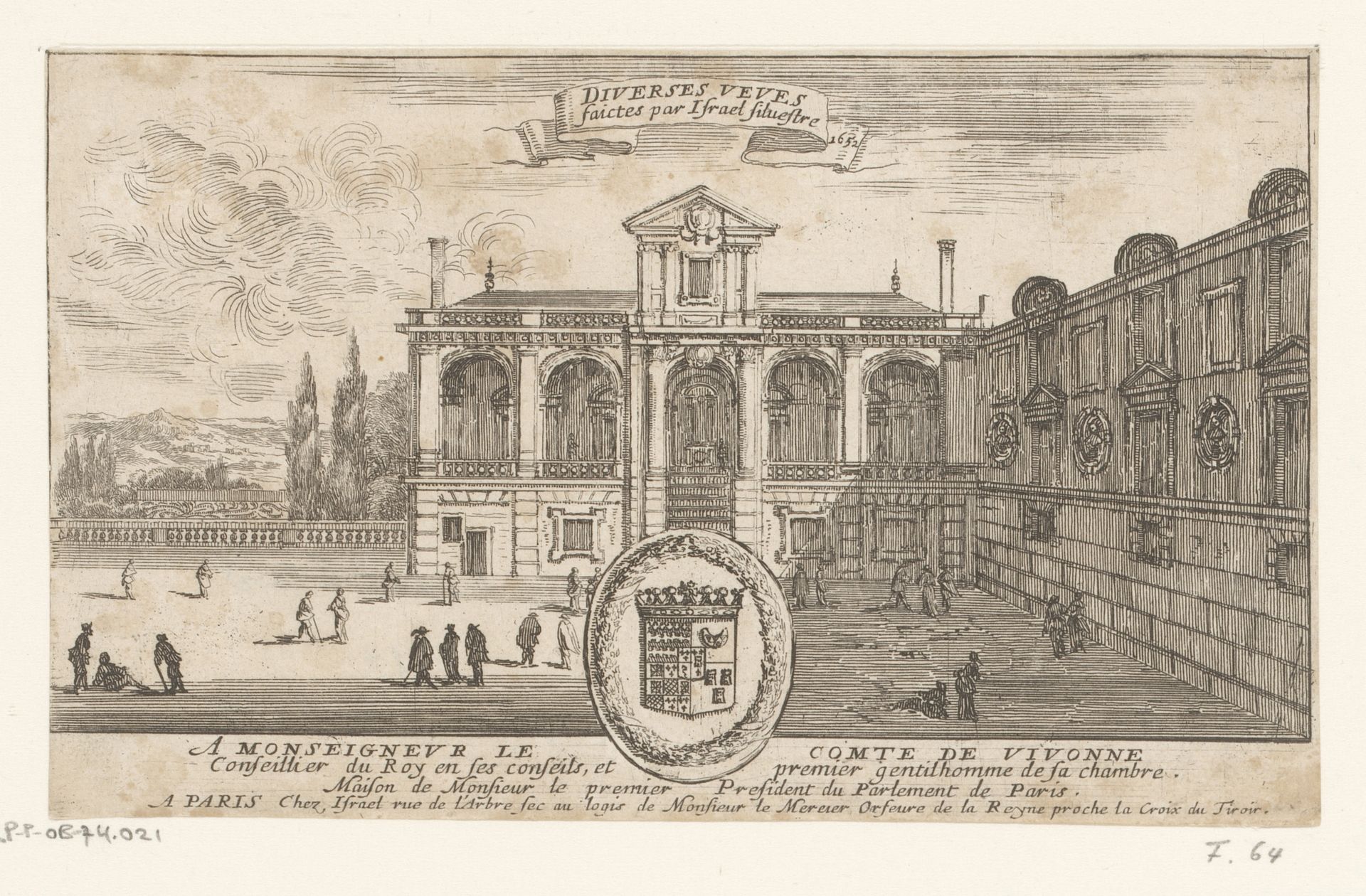 Titelprent met gezicht op het huis van de eerste president van het parlement by Israel Silvestre