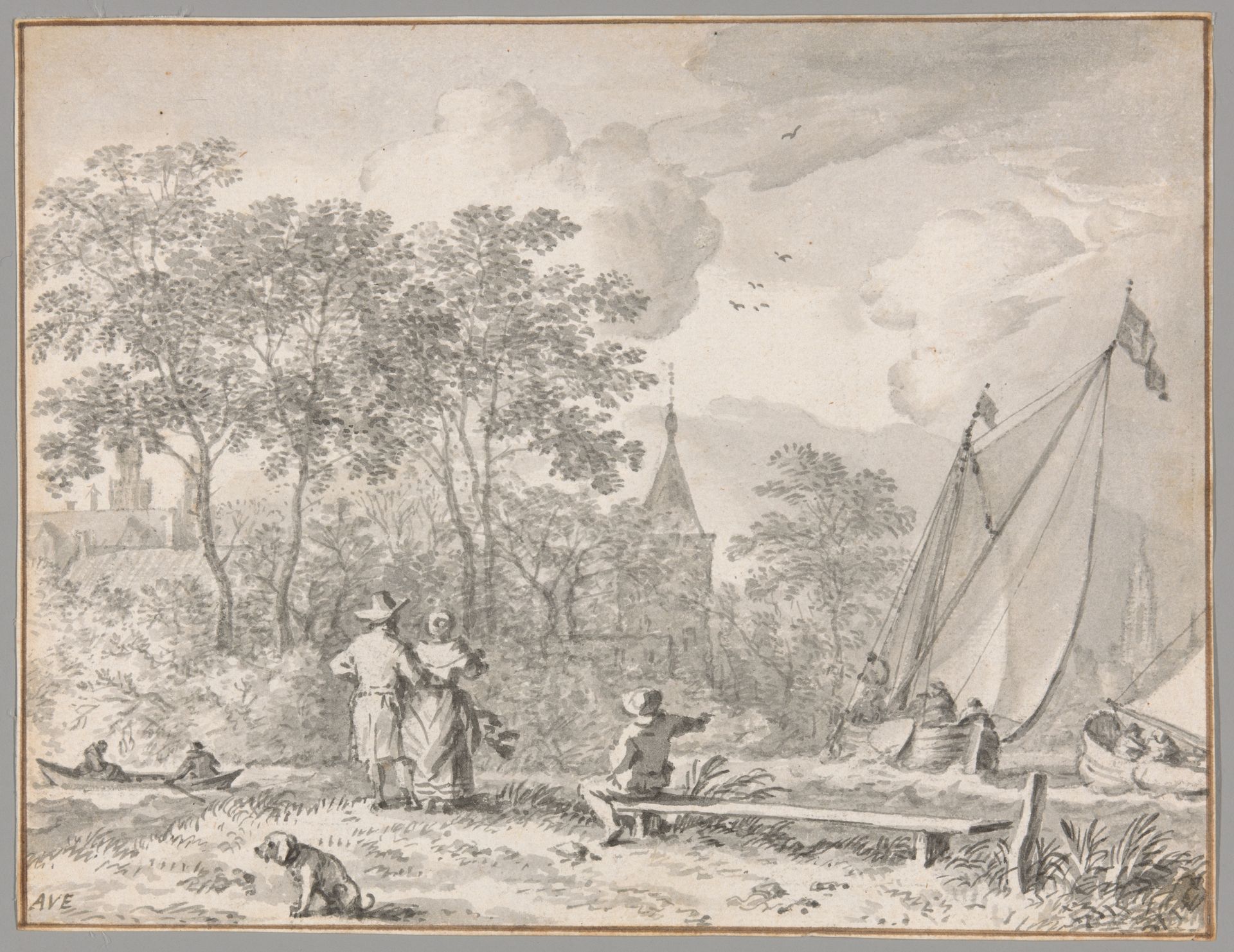 Landscape with Elegant Figures by a River, with Boats to the Right and a Town Behind Trees Beyond by Allart van Everdingen