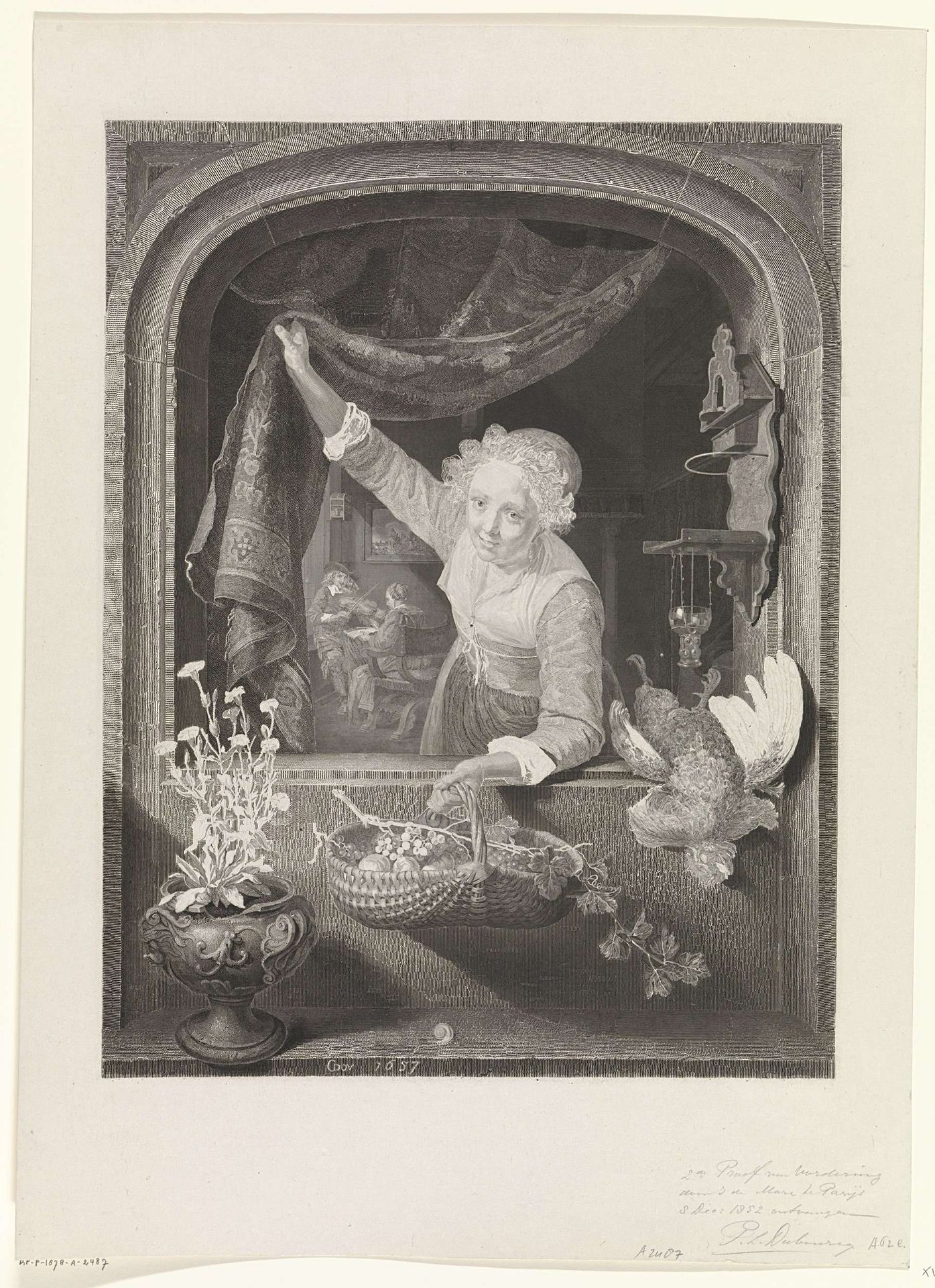 Vrouw met mand met vruchten in de hand bij het raam by Johannes de Mare