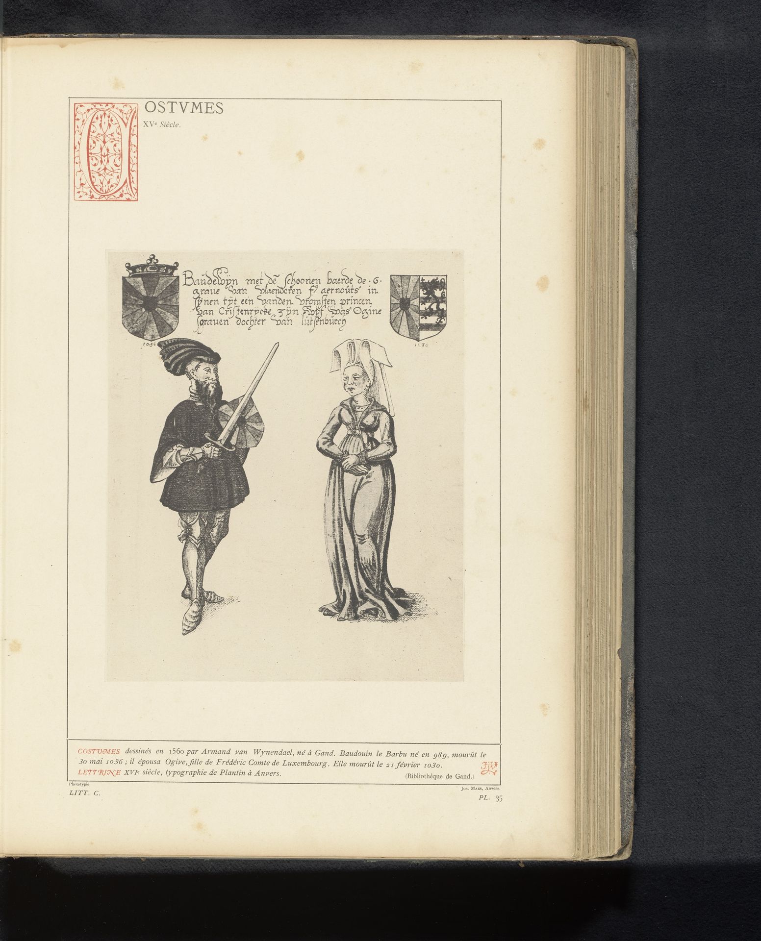 Reproductie van een kostuumprent met Boudewijn IV van Vlaanderen en Otgiva van Luxemburg by Anonymous