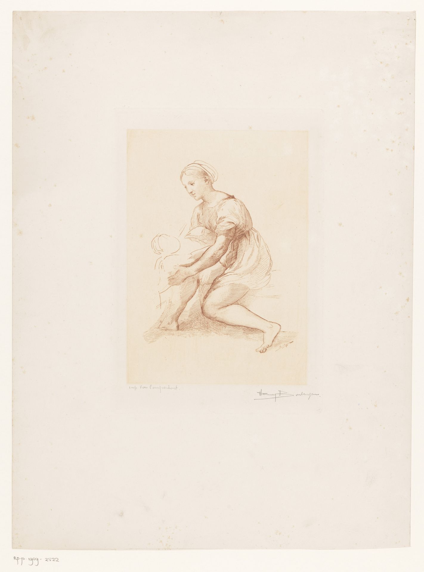 Zittende jonge vrouw houdt haar kind vast by Herman Boulenger