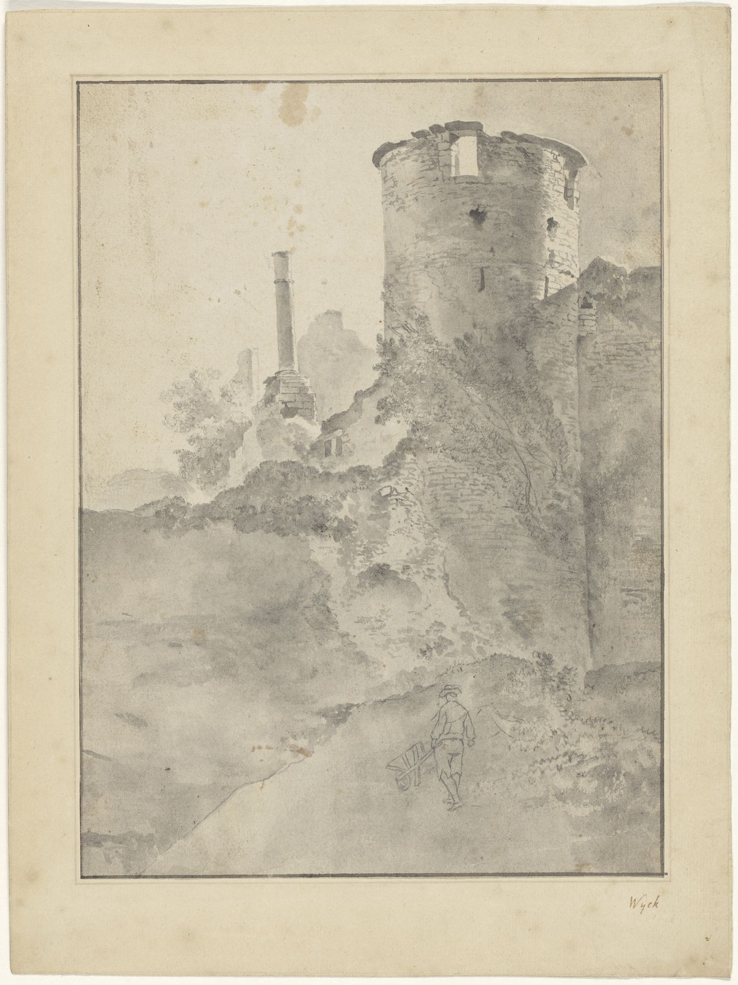 View of an Italianate Round Tower by a Ruined Wall by Jan Lapp