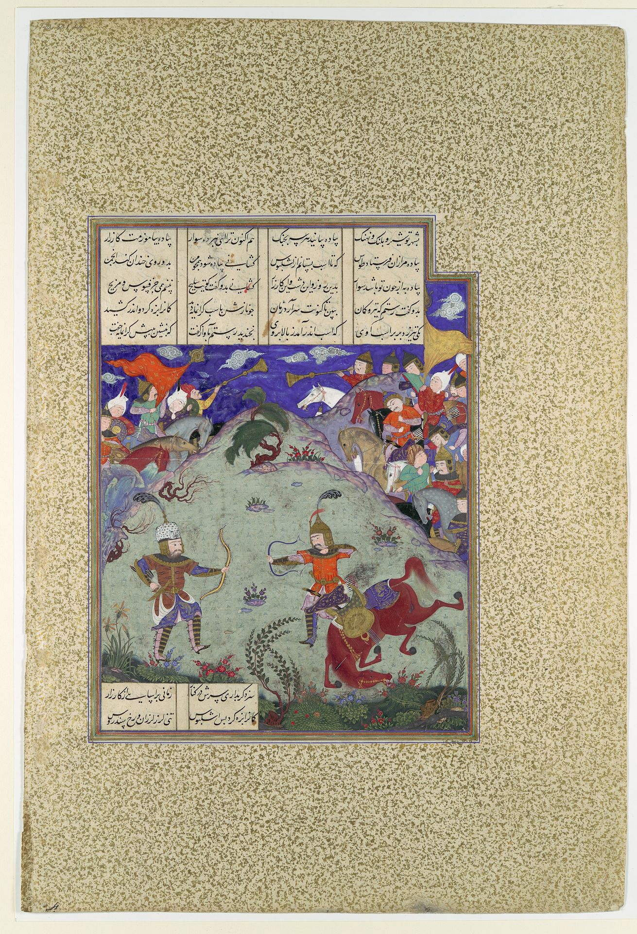 "The Combat of Rustam and Ashkabus", Folio 268v from the Shahnama (Book of Kings) of Shah Tahmasp by Abu'l Qasim Firdausi