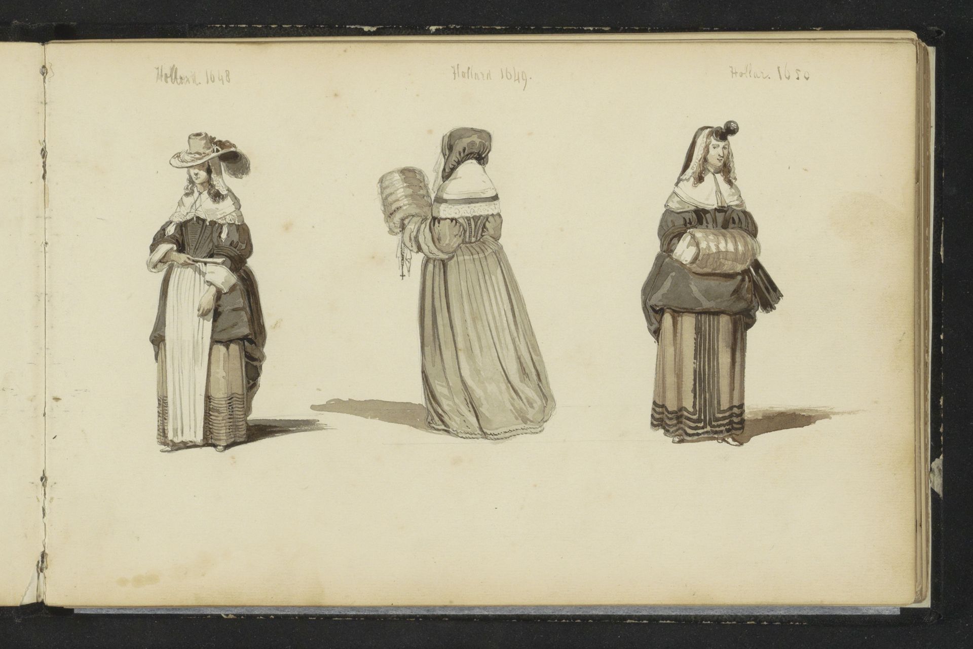 Drie vrouwen in zeventiende-eeuwse kleding by Cornelis Springer