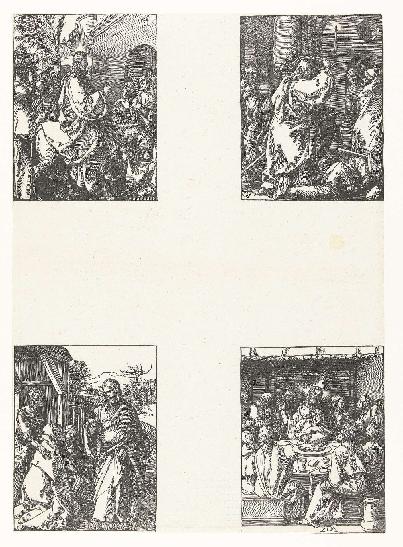 Intocht in Jeruzalem, Tempelreiniging, Christus neemt afscheid van zijn moeder, Laatste Avondmaal by Albrecht Durer