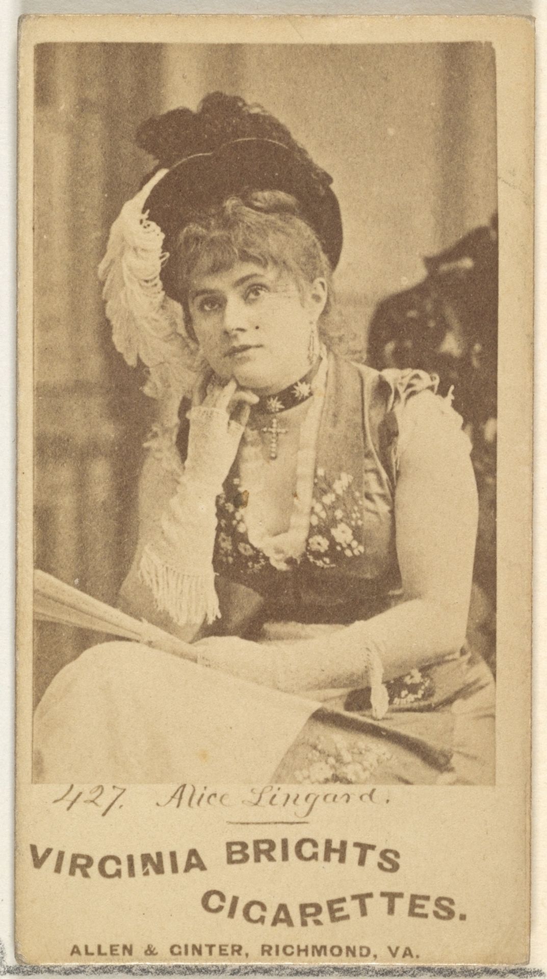 Card 427, Alice Lingard, from the Actors and Actresses series (N45, Type 1) for Virginia Brights Cigarettes by Allen & Ginter