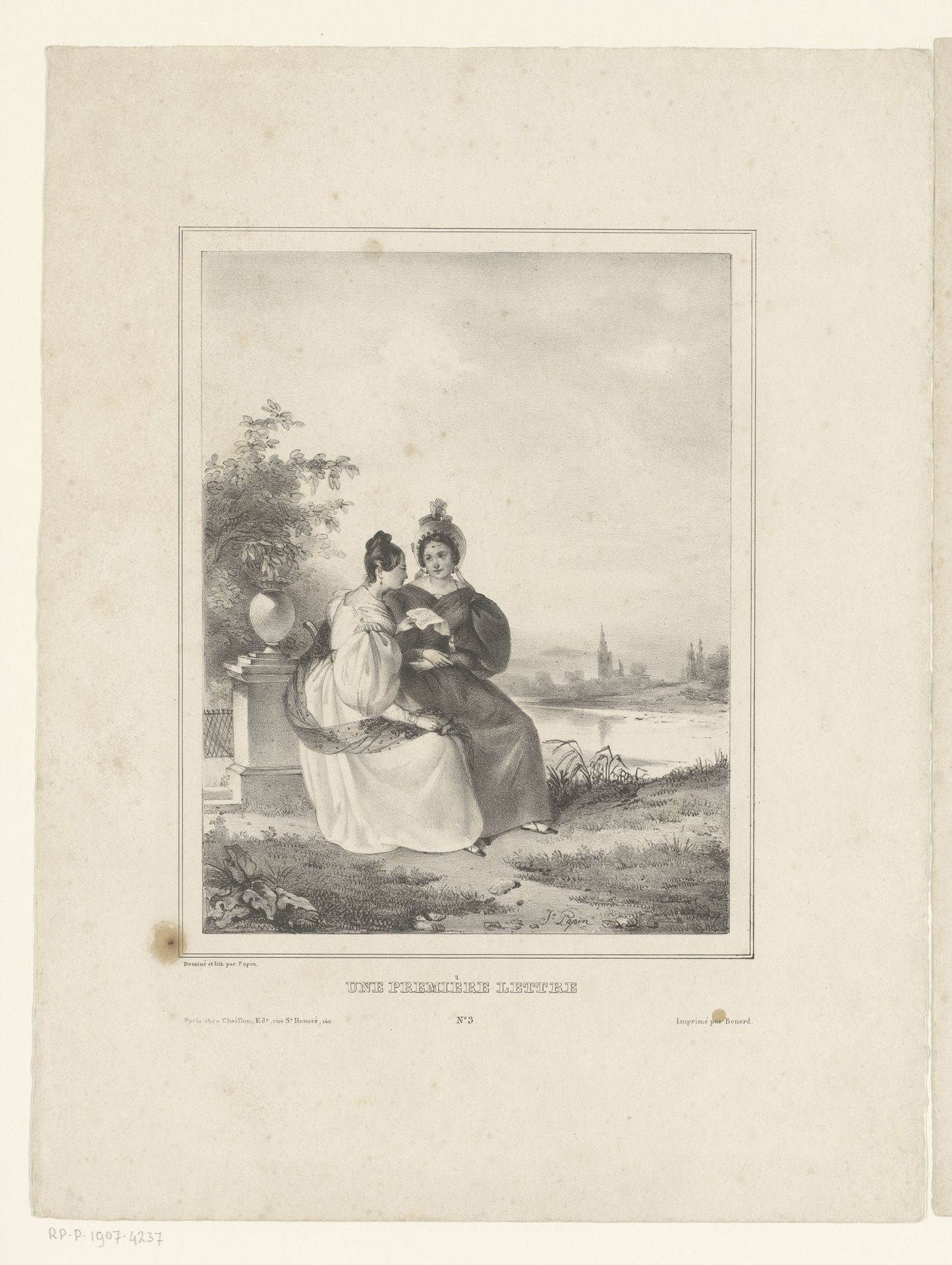 Twee vrouwen zittend bij het water, een leest een brief by Jean Adolphe Papin