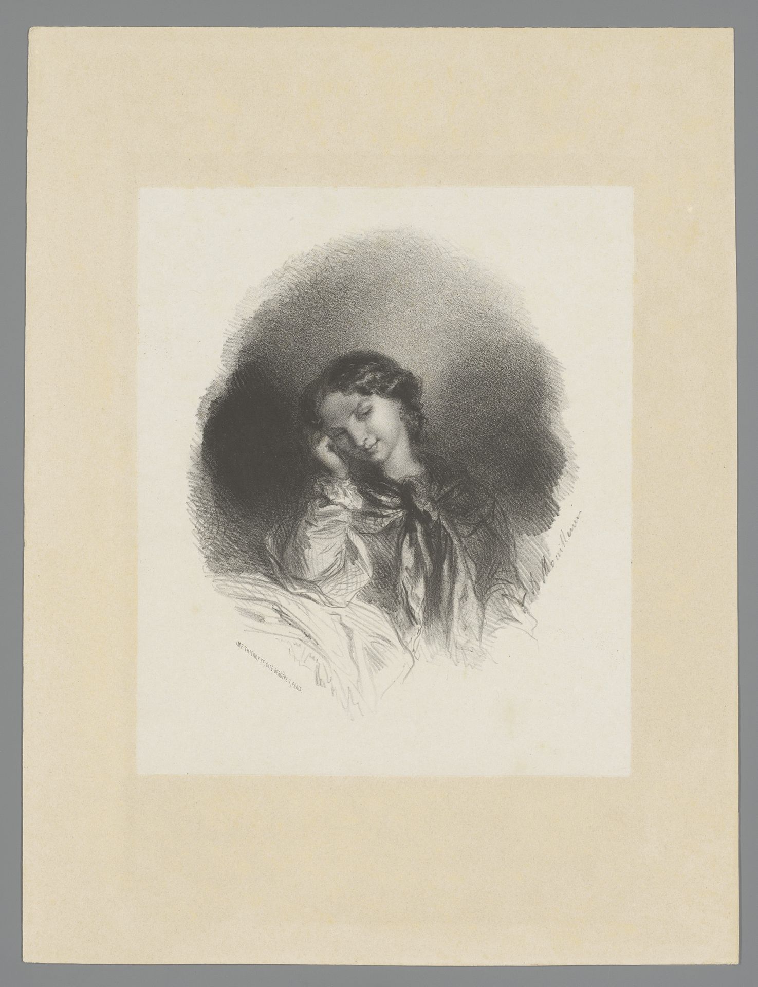 Jonge vrouw steunt haar hoofd op haar hand by Adolphe Mouilleron