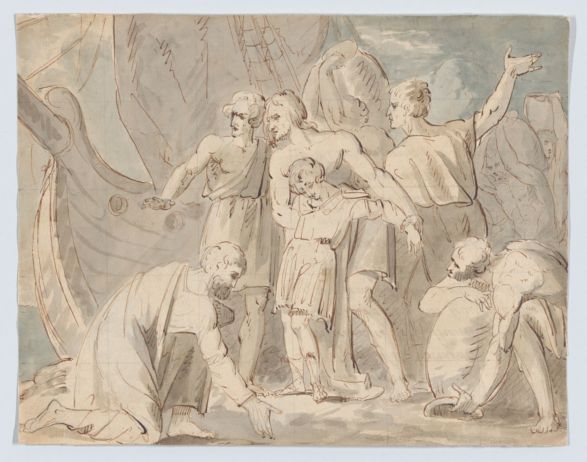 Historical Subject with Men and a Boy Near a Ship (recto); Anatomical Study of a Foot (verso) by William Hamilton