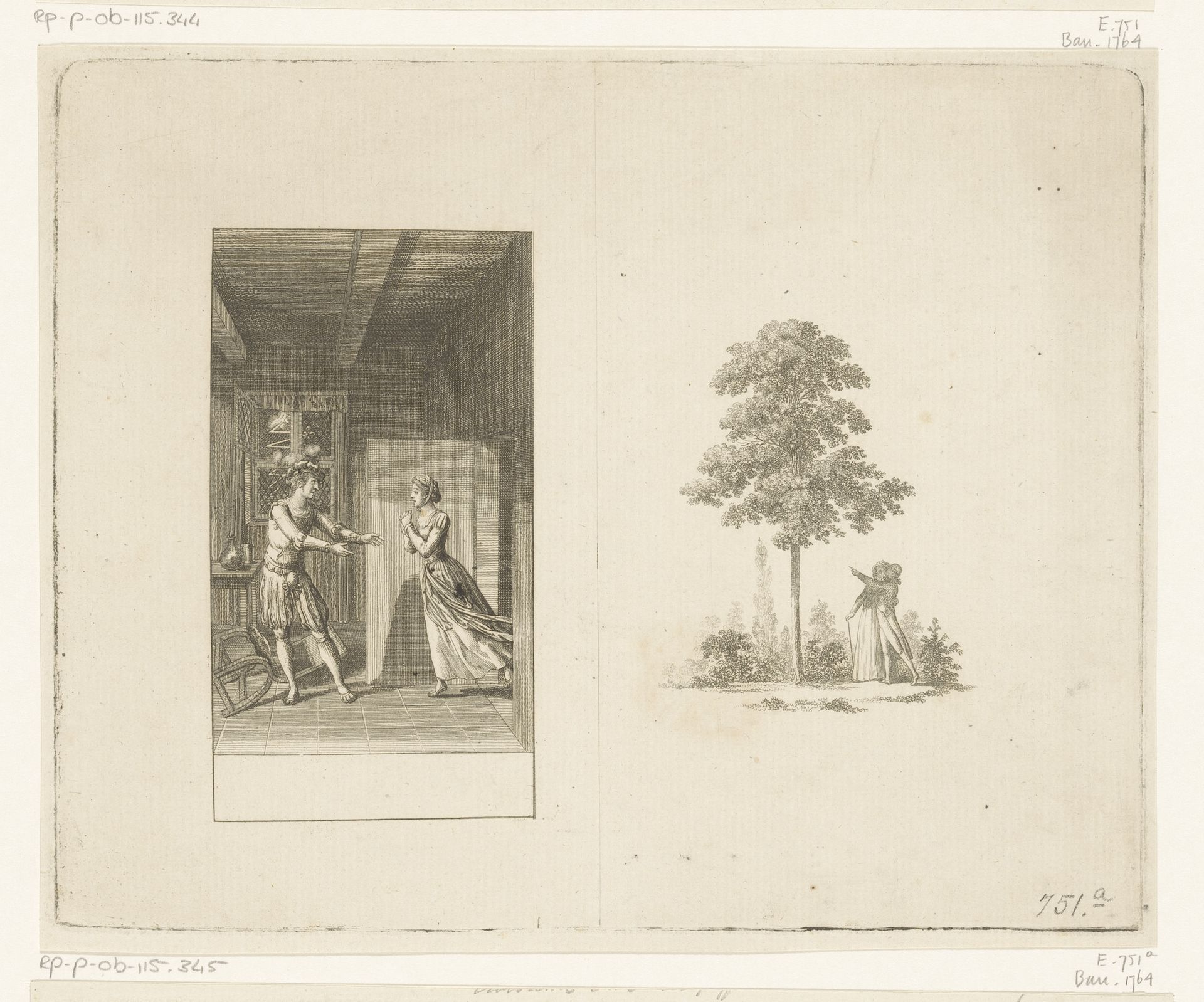 Links Nanette en Albert in de blokhut en rechts een man en vrouw onder een grote boom by Daniel Nikolaus Chodowiecki