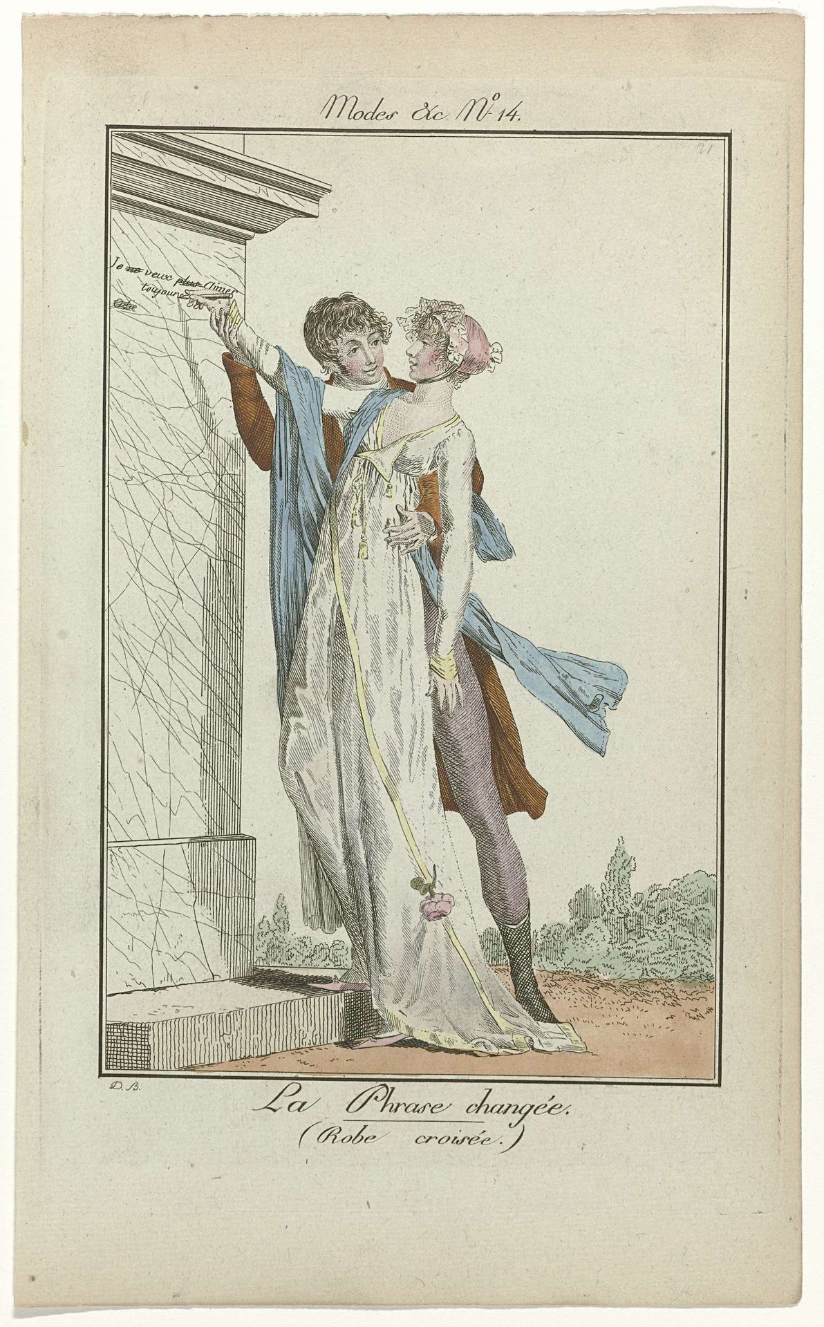 Modes et Manières du Jour, 1799-1800, No. 14 : La Phrase changée. (Robe croisée) by Louis Philibert Debucourt