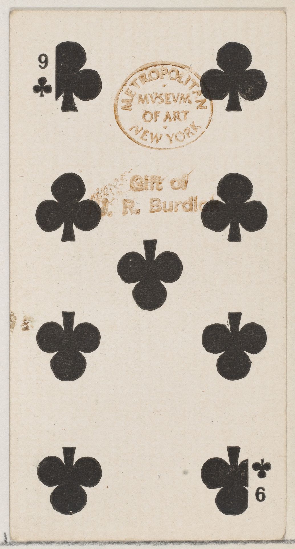 Nine Clubs (black), from the Playing Cards series (N84) for Duke brand cigarettes by W. Duke, Sons & Co.