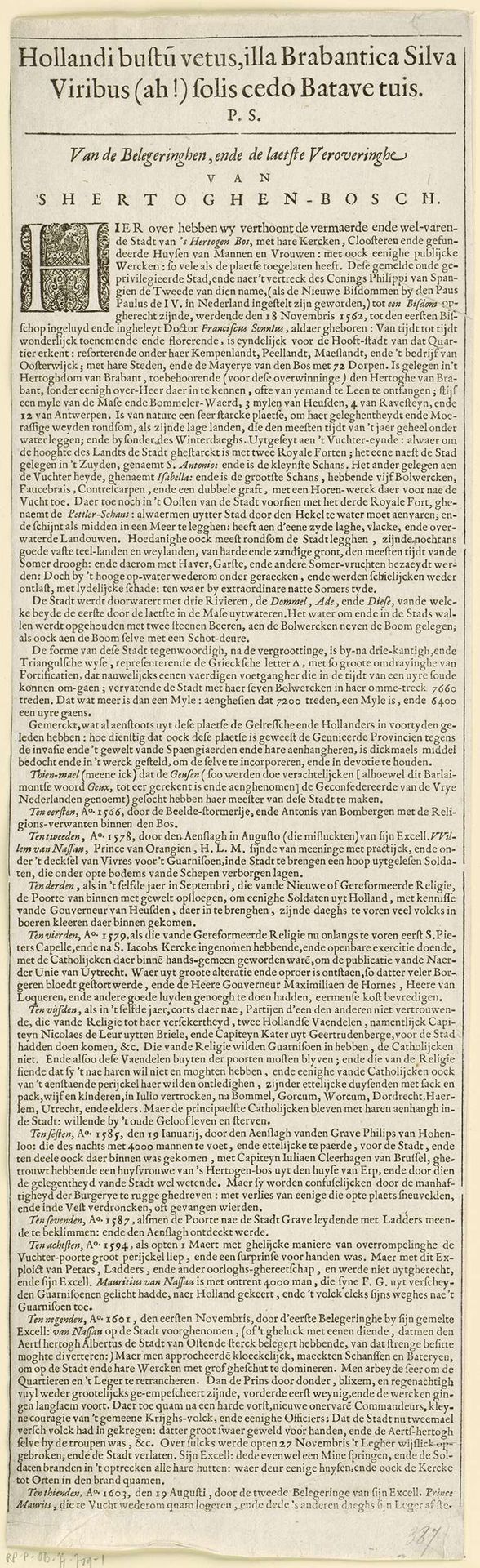 Beleg en inname van Den Bosch door Frederik Hendrik, 1629, (tekstblad) by Cornelis (I) Danckerts