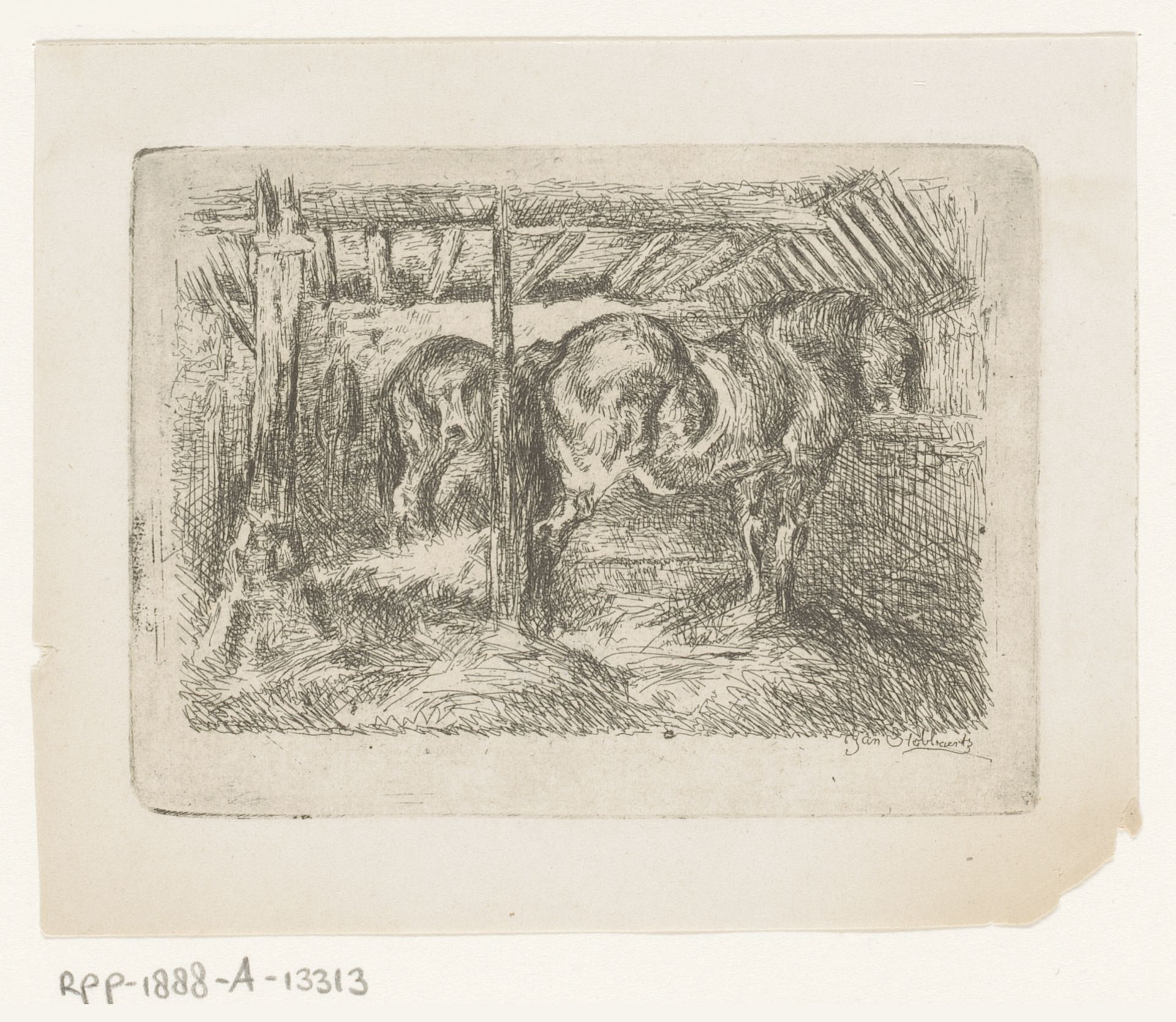 Twee paarden in een stal by Jan Stobbaerts