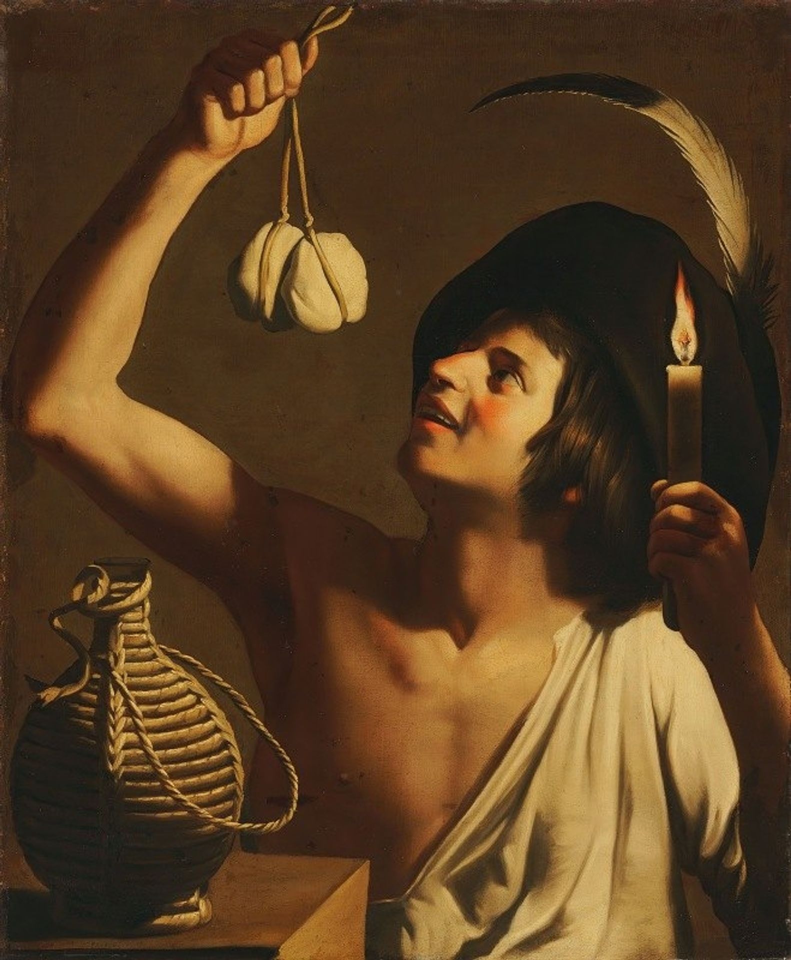 A young man holding a burning candle and a scamorza cheese, a fiasco bottle beside him by Gerard van Honthorst