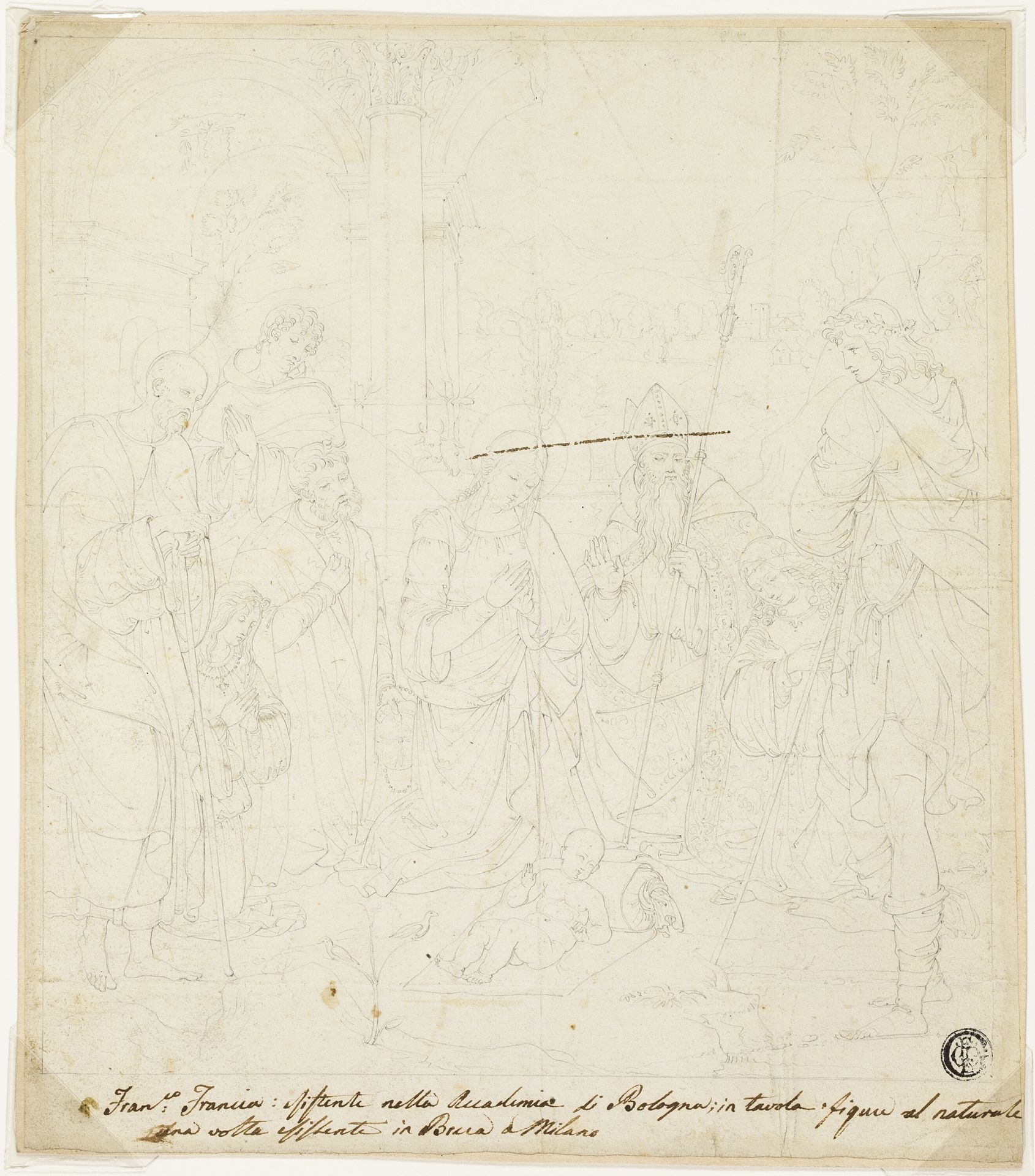 Adoration of the Christ Child, with Saints Joseph, Francis of Assisi, and Augustine, attended by Anton Galeazzo Bentivoglio and Alessandro Bentivoglio by Francesco Francia