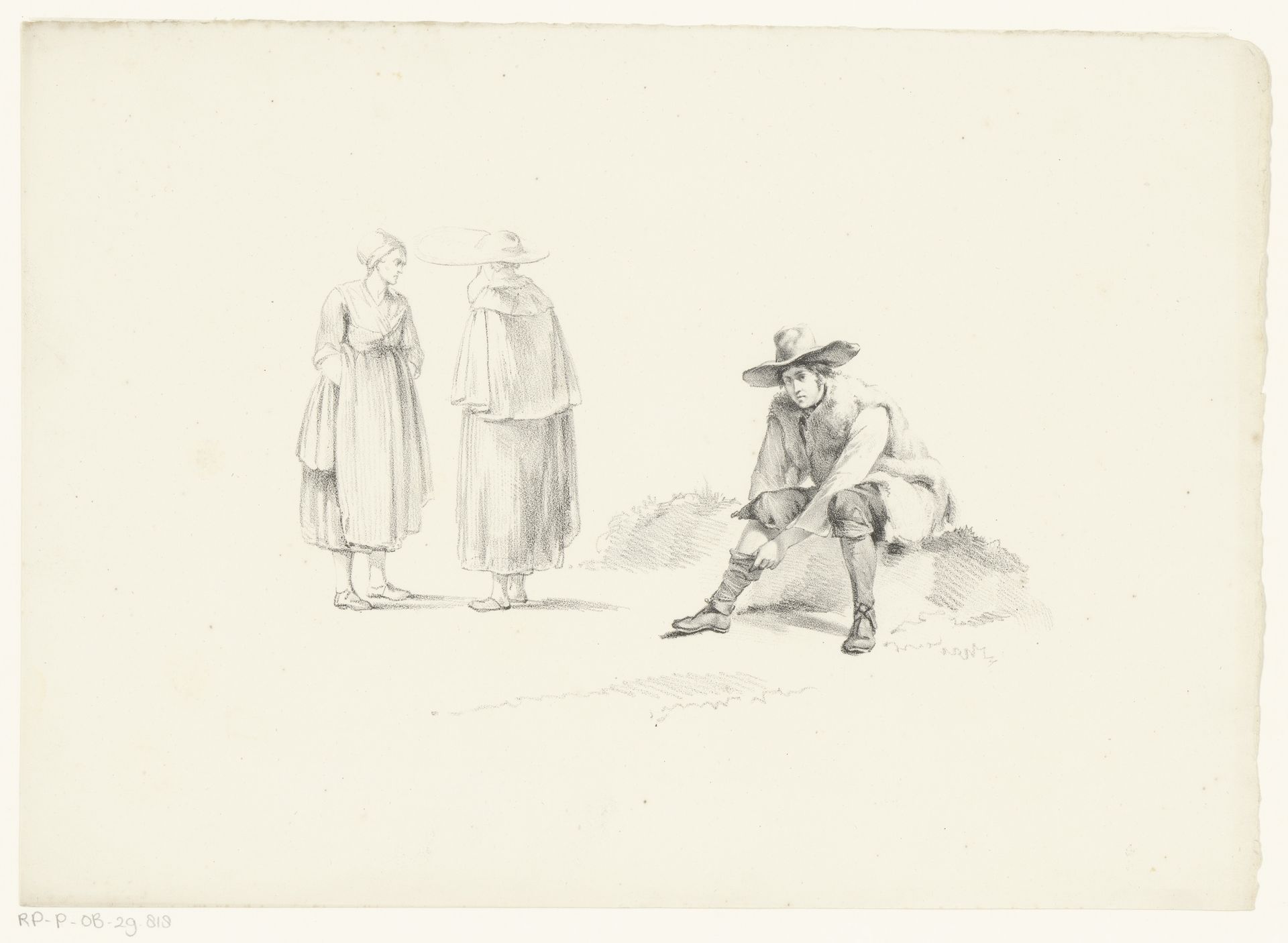 Twee vrouwen in gesprek en een zittende man by Pieter Veldhuijzen
