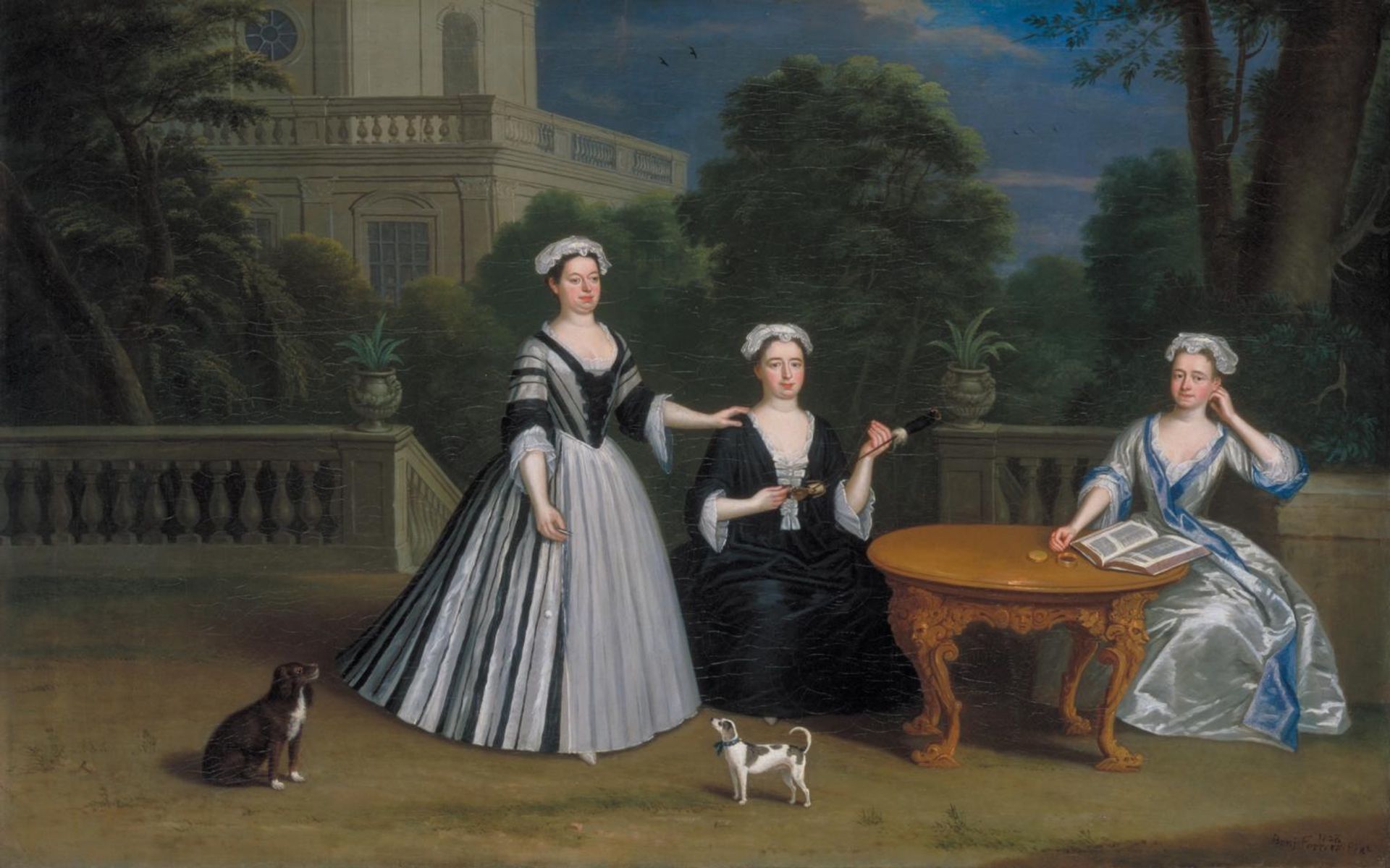 Three Ladies of the Leman Family and their Dogs on a Terrace by  Benjamin Ferrers