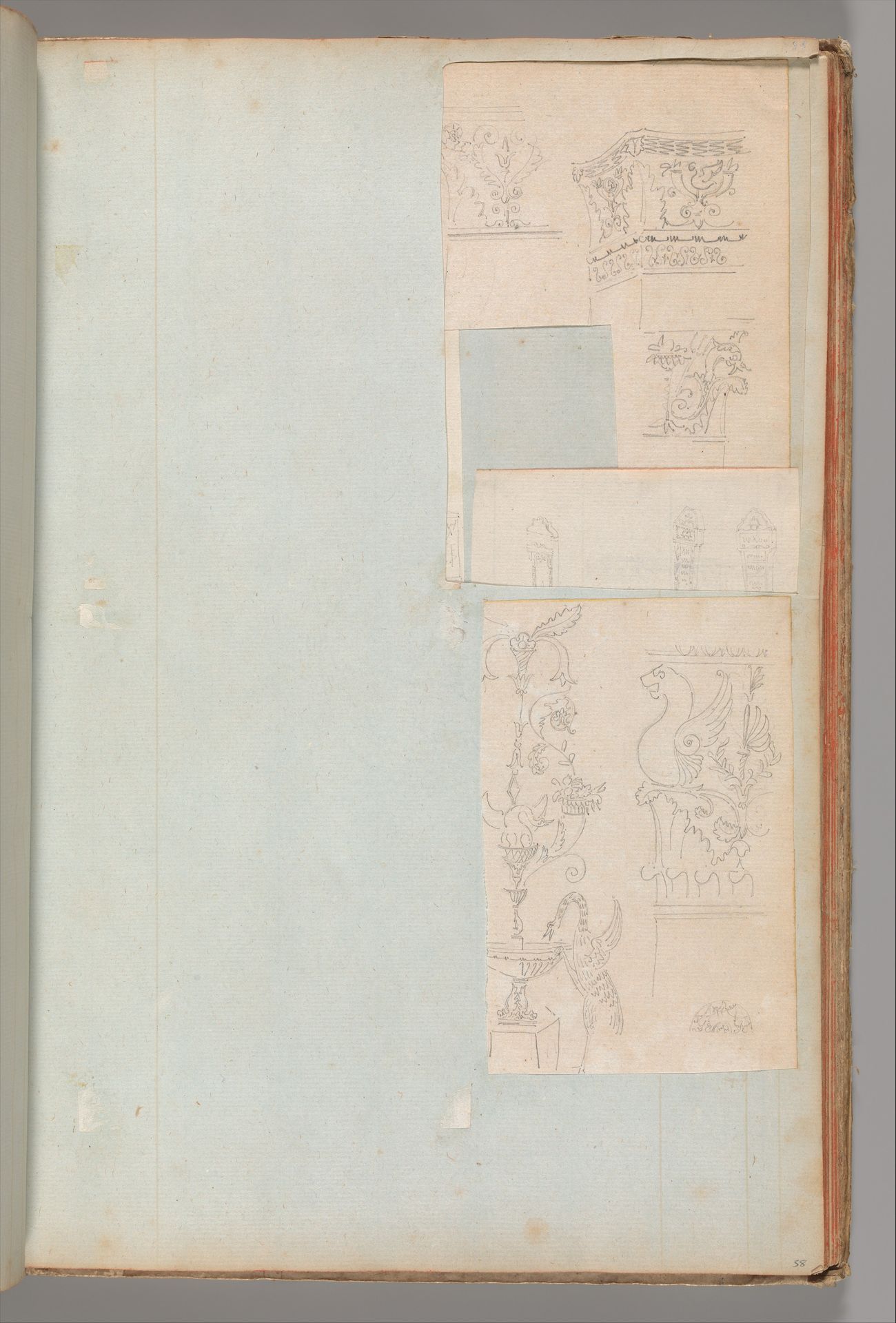 Page from a Scrapbook containing Drawings and Several Prints of Architecture, Interiors, Furniture and Other Objects by Charles Percier