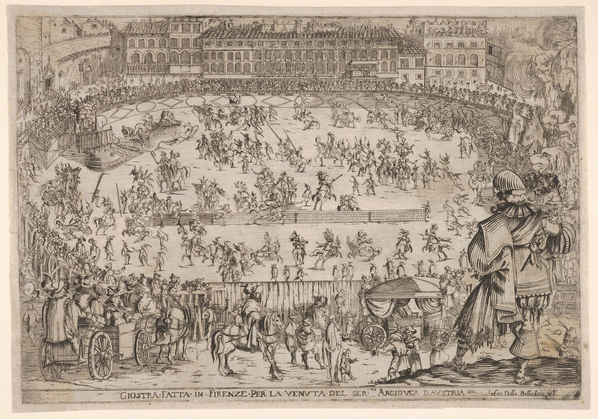 Joust held in Florence for the arrival of the archduke of Austria, an oval arena with many horsemen and pedestrians, spectators in carriages in the foreground, a row of houses at center in the background, from 'Combattimento e balletto a cavallo' by Stefano della Bella