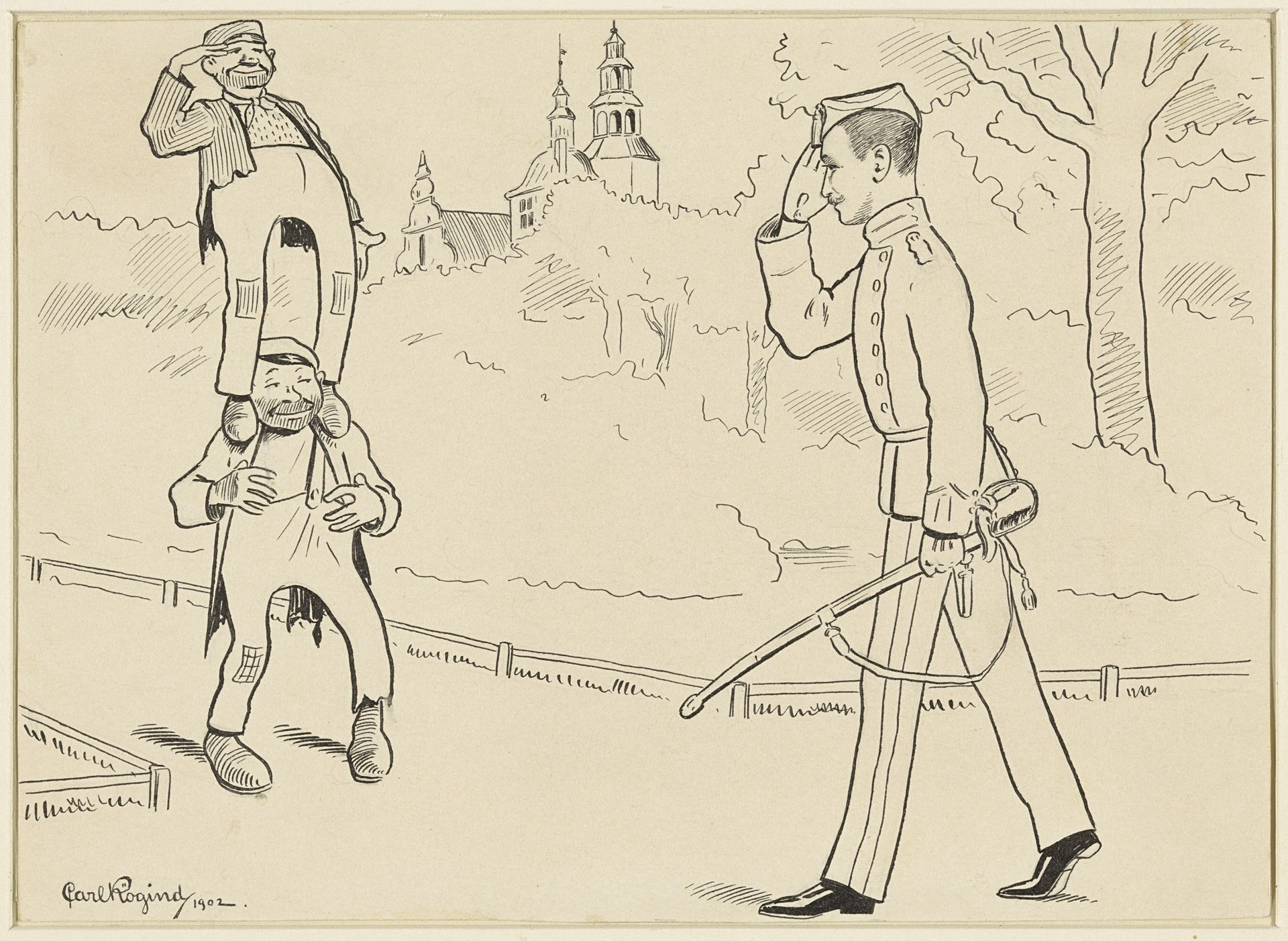 Twee op elkaar staande zwervers groeten een militaire officier by Carl Frederik Lobeck Rögind