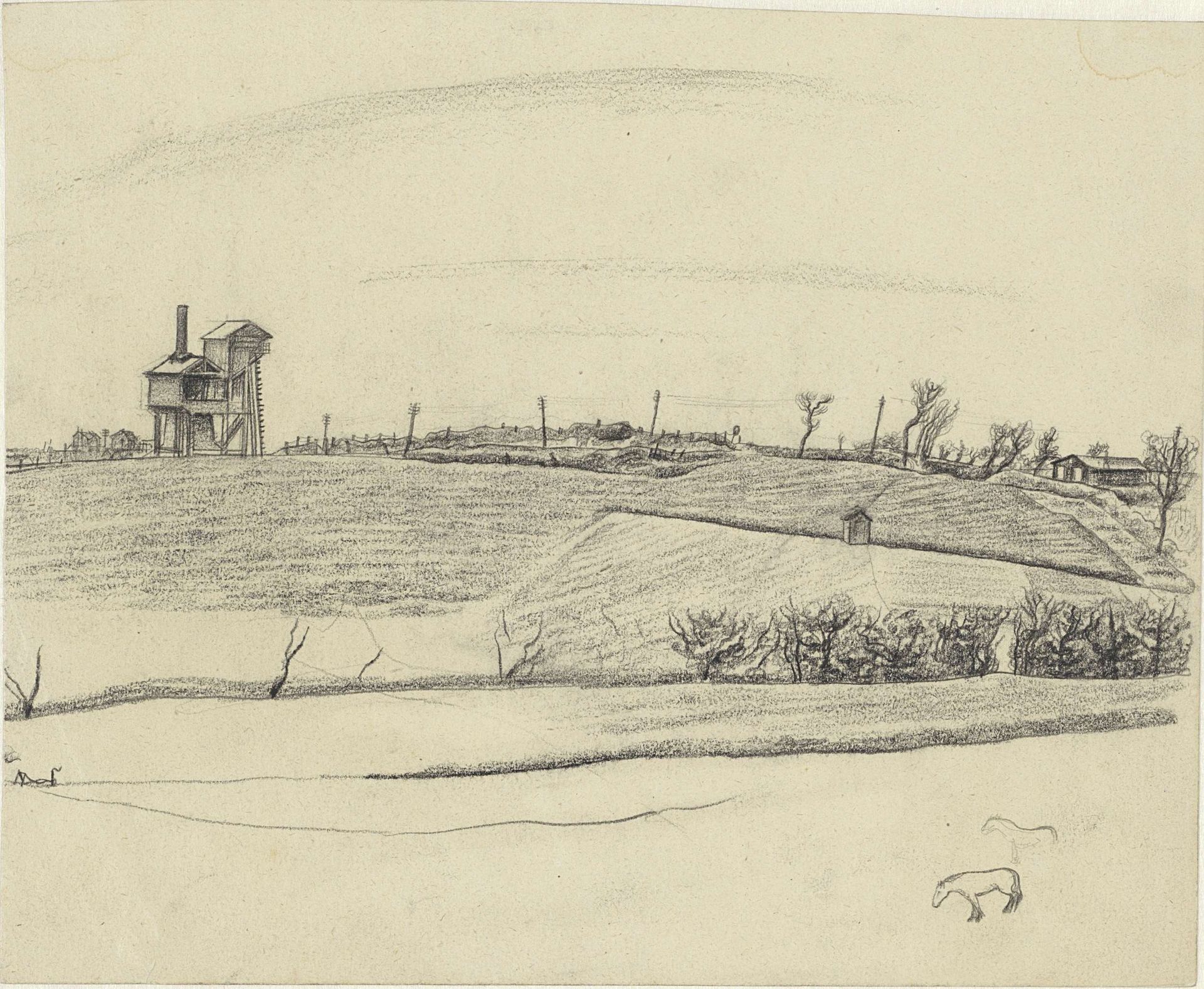 Heuvellandschap met mijninstallatie en elektriciteitspalen by Henk Henriët