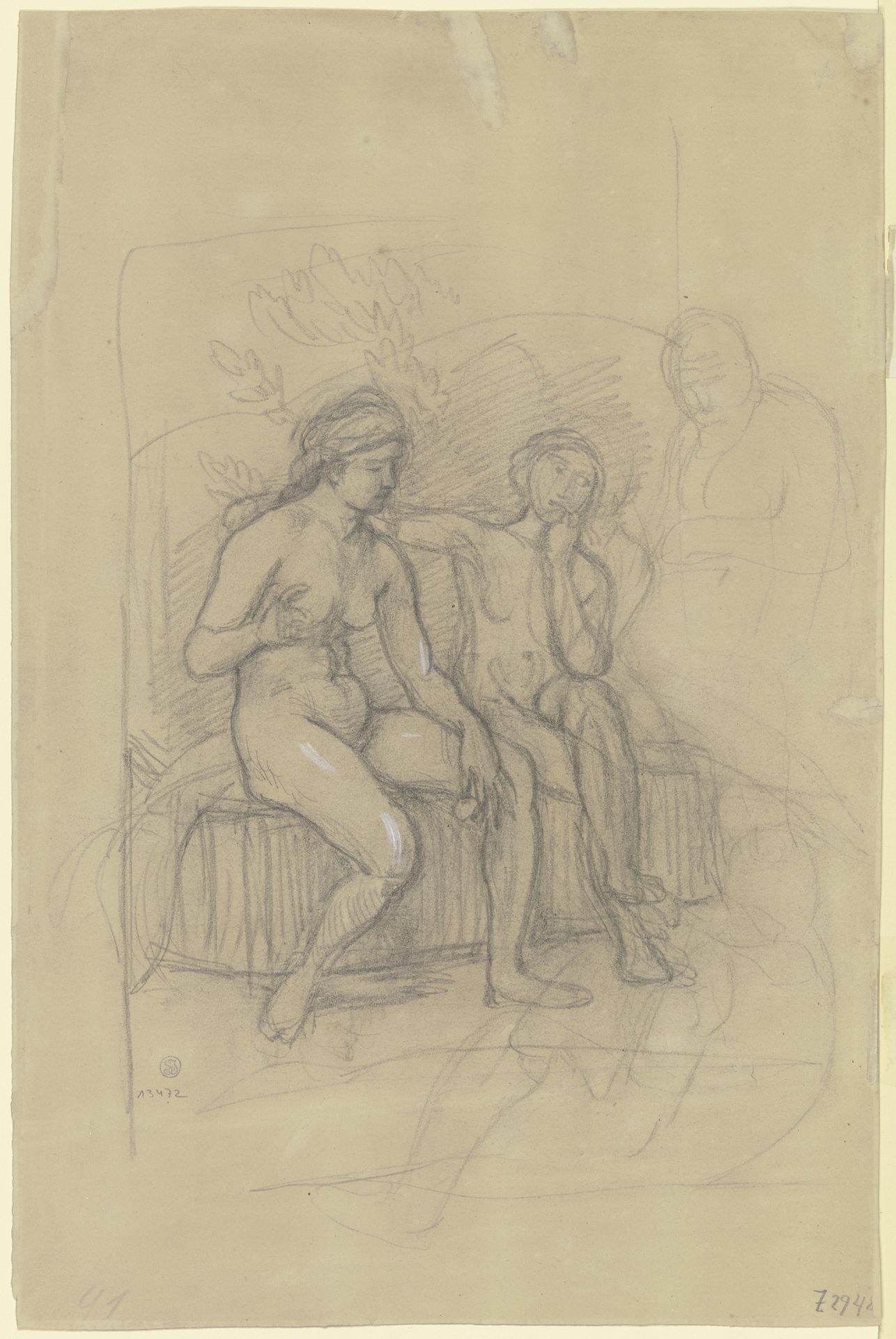 Zwei nebeneinander sitzende weibliche Akte by Hans von Marées