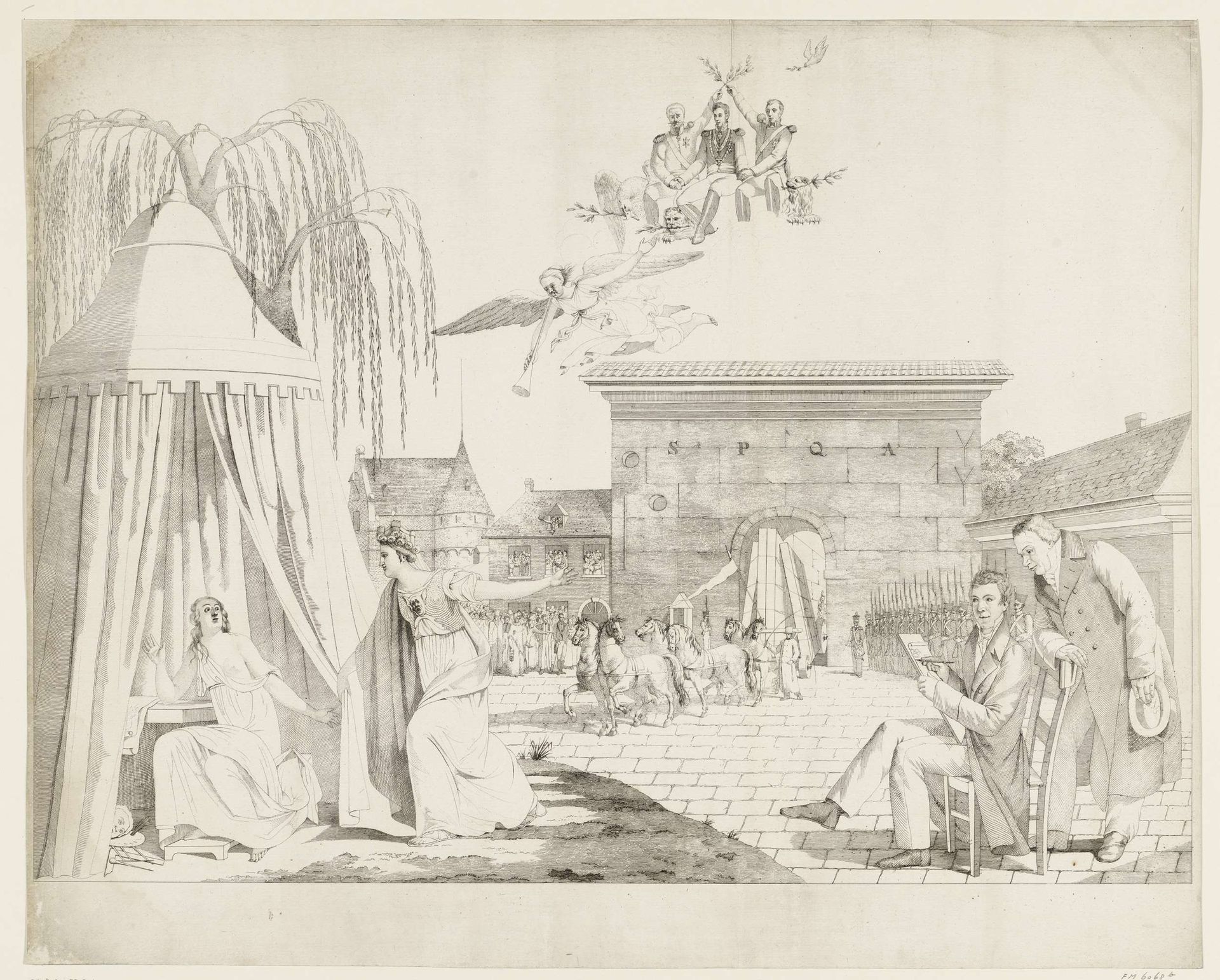 Allegorie op de terugkeer van de ontvoerde voorwerpen van kunst en wetenschap te Antwerpen, 1815 by Adriaan Gerrit van Prooijen