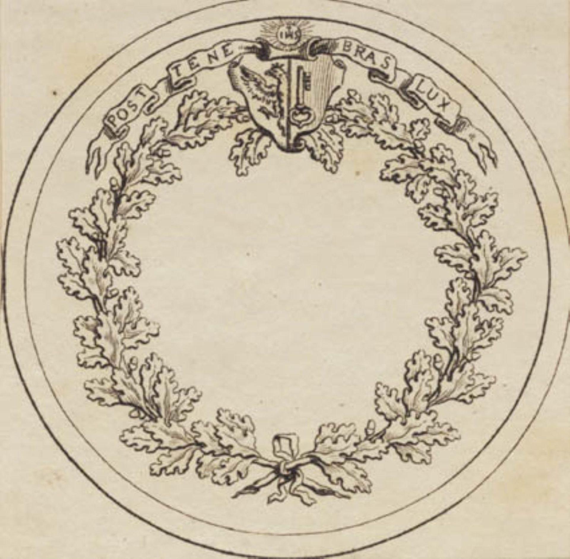 Vignet med fremstilling af egekrans og Genèves byvåben by J.F. Clemens