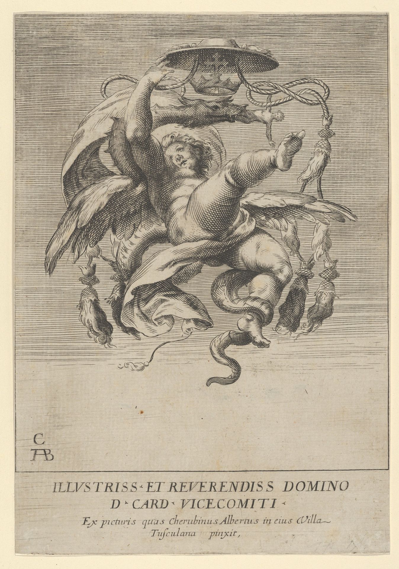 Winged putto holding a cardinal's hat over a dragon head by Cherubino Alberti