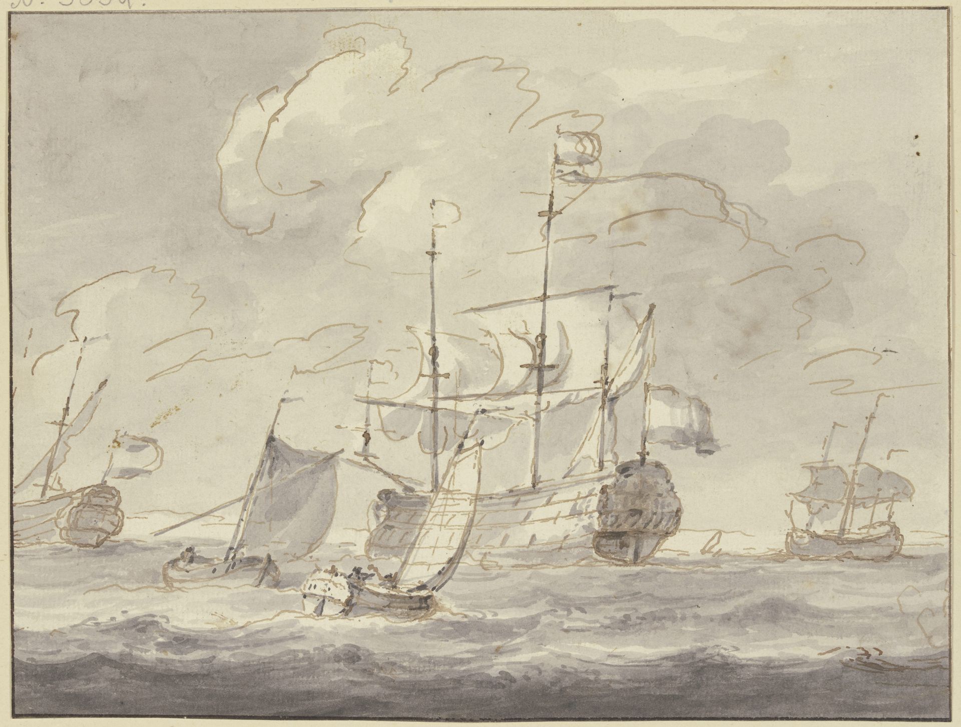 Bewegte See, drei große Schiffe und zwei Boote nach rechts segelnd by Ludolf Backhuysen