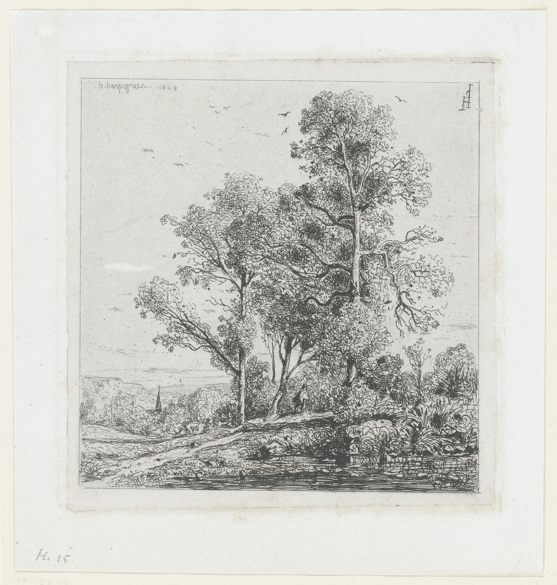 Landschap met een figuur op een pad langs een vijver by Henri-Joseph Harpignies