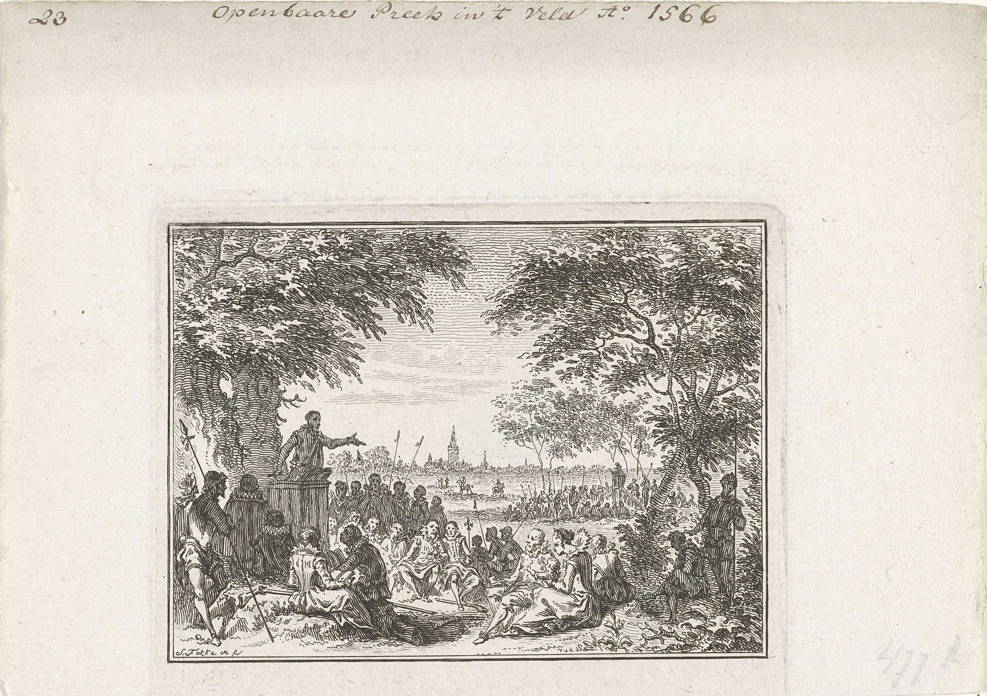 Openbare preek in het veld, 1566 by Simon Fokke