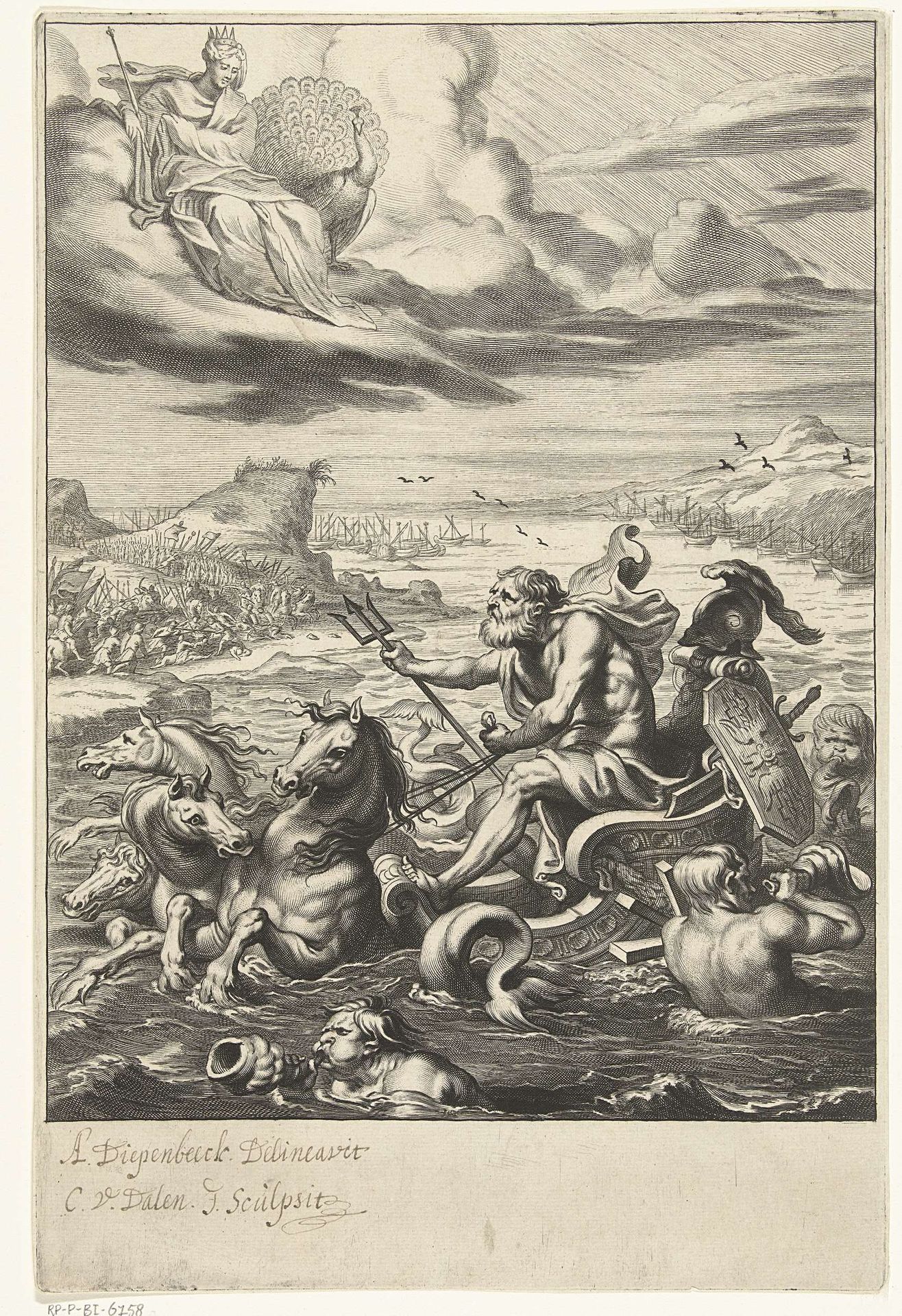 Neptunus in triomfwagen kalmeert zee tijdens Trojaanse oorlog by Cornelis van (II) Dalen