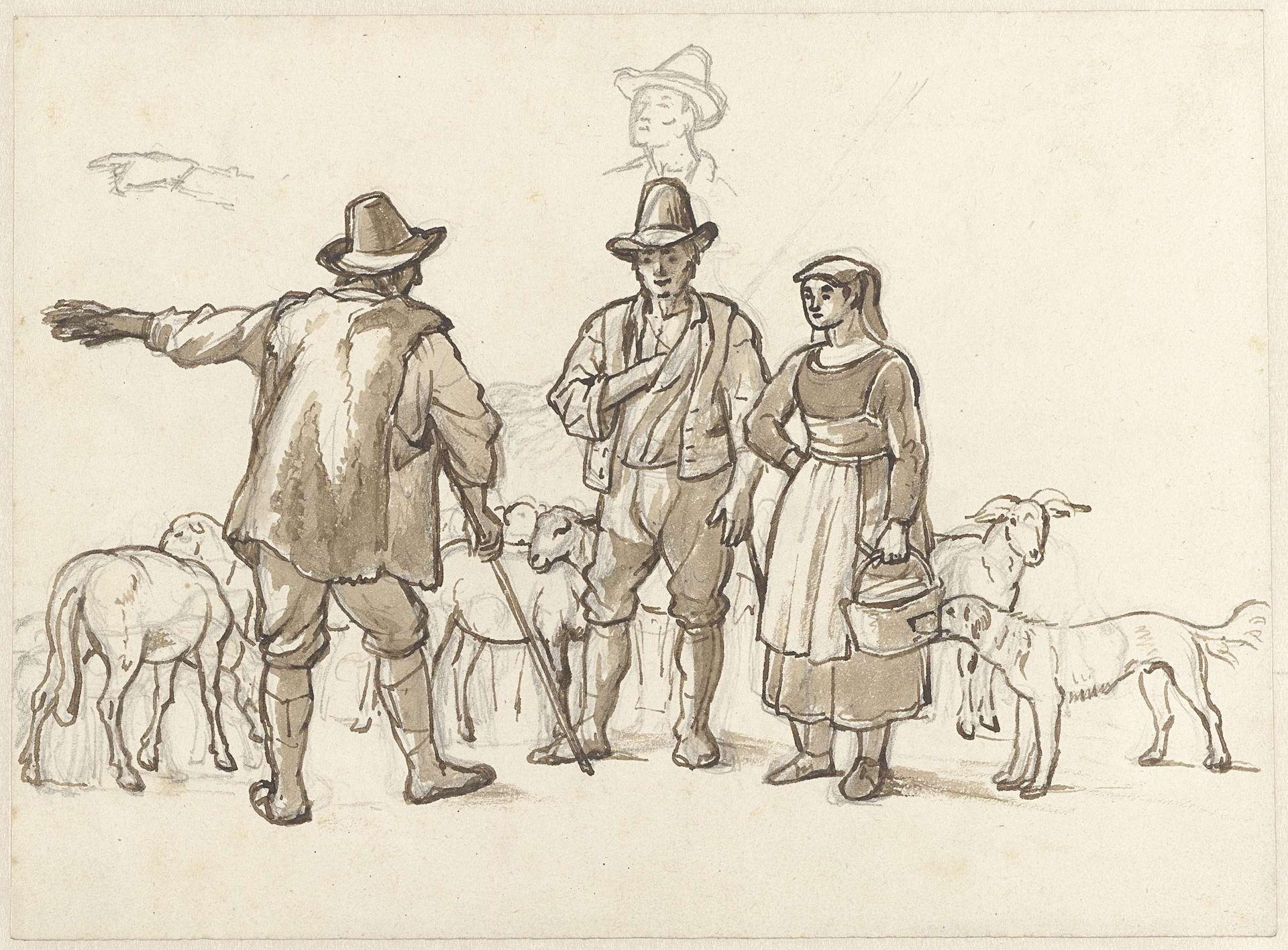 Herders en een herderin in gesprek by Abraham Teerlink