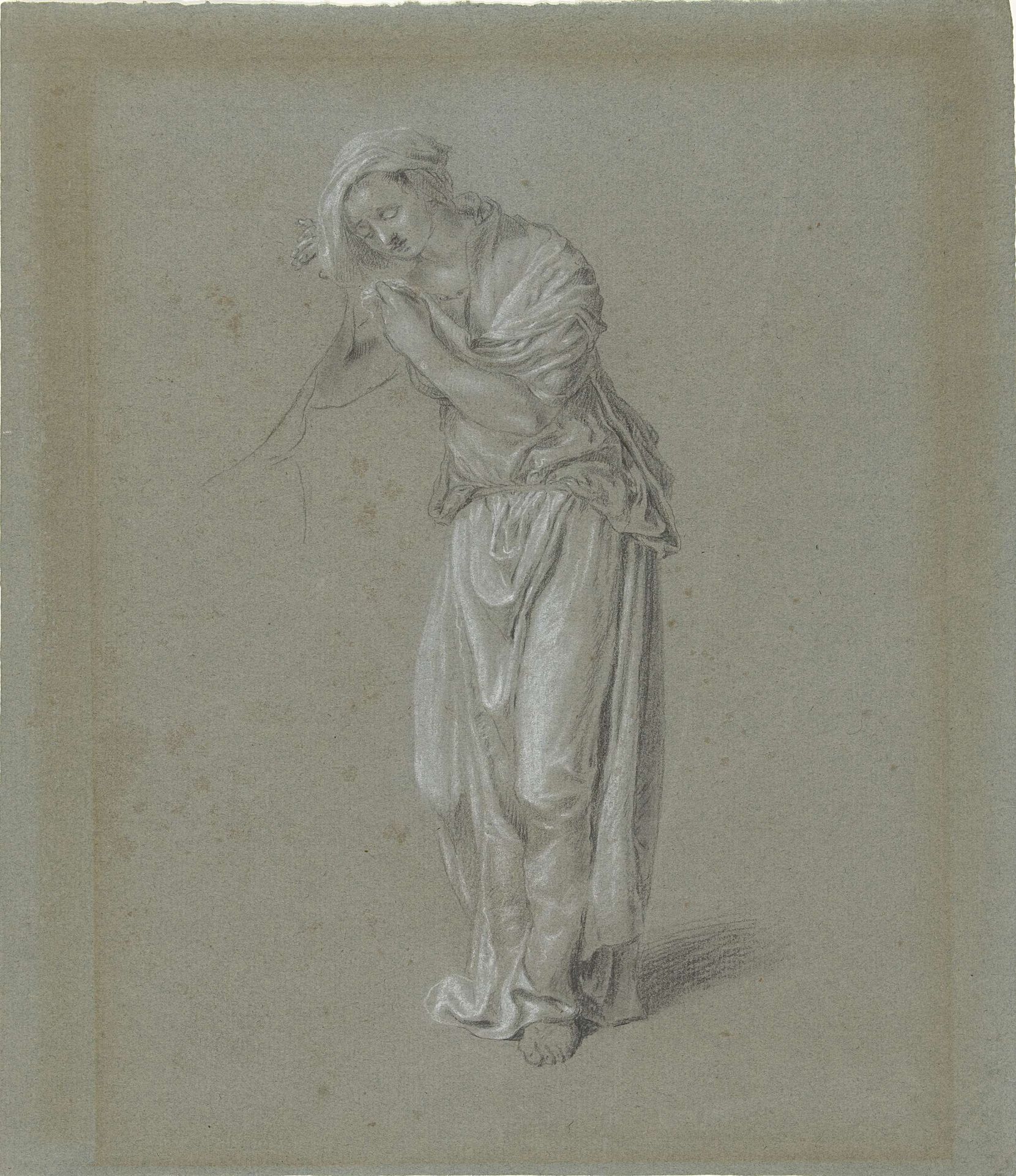 Figuurstudie van een vrouw in klassiek gewaad, leunend op een voorwerp by Hendrik Hoogers
