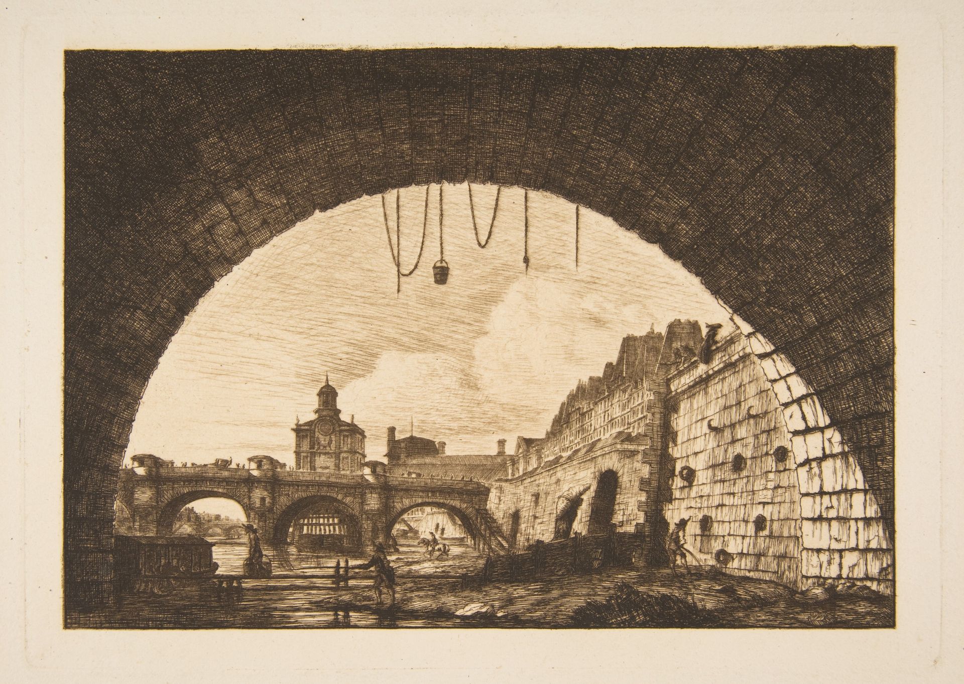 Le Pont-neuf et la Samartaine de dessous la première arche du Pont-au-Change (Pont-neuf and the Samartaine seen from under the first arch of the Pont-au-Change, Paris, after Nicolle) by Charles Meryon