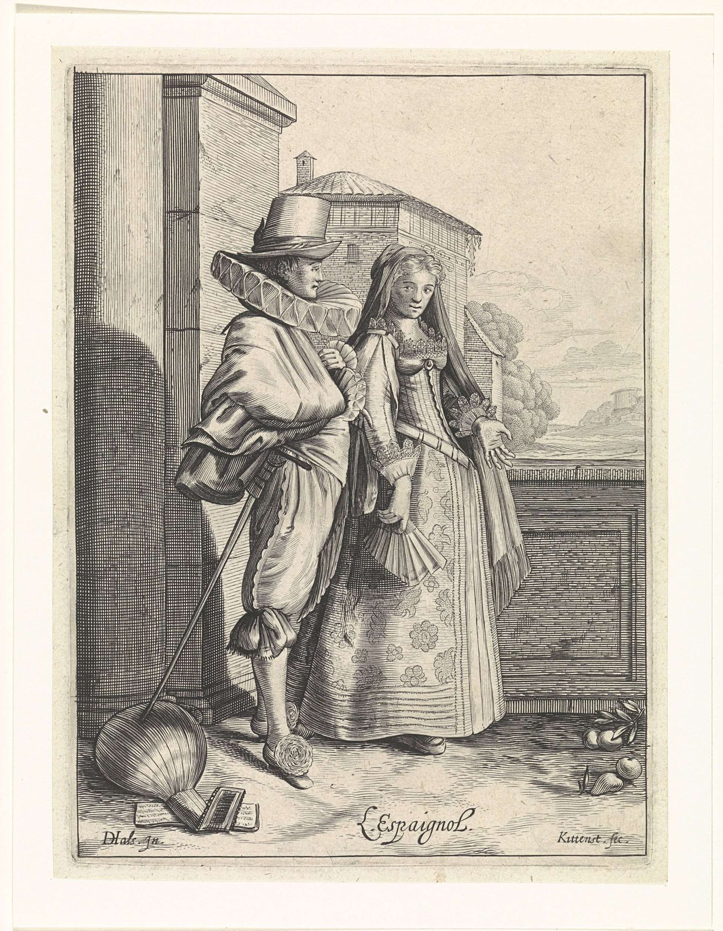 Elegant paar in modieuze Spaanse kleding by Cornelis van Kittensteyn