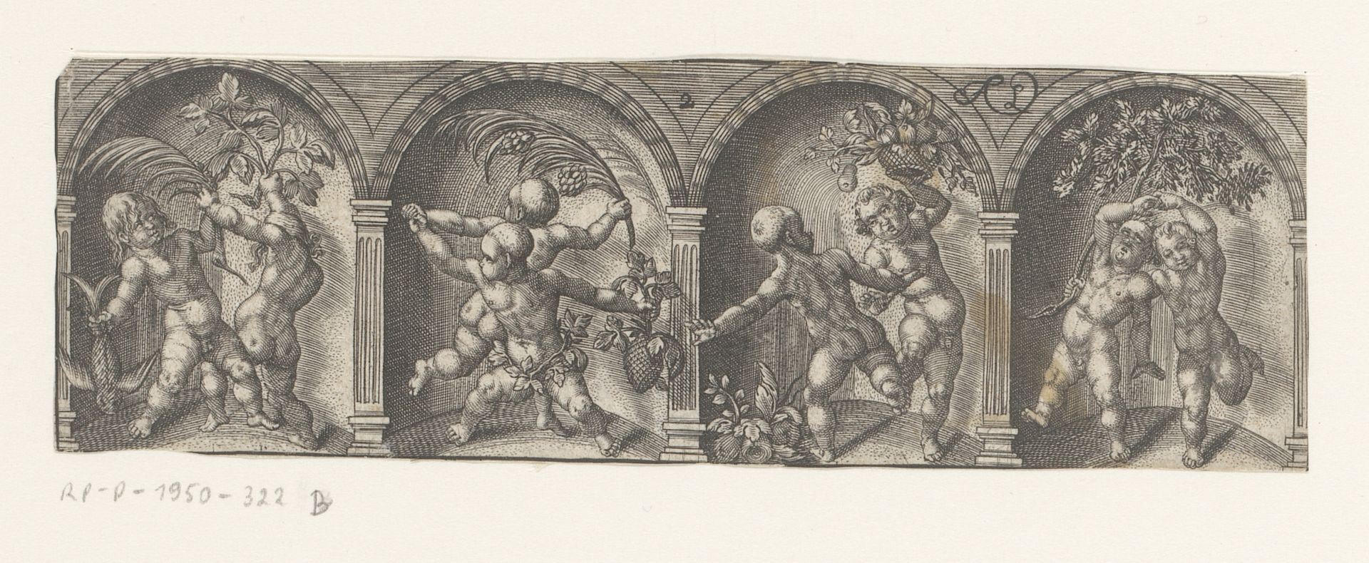 Acht dansende putti met exotische planten en dieren by Antoine Jacquard