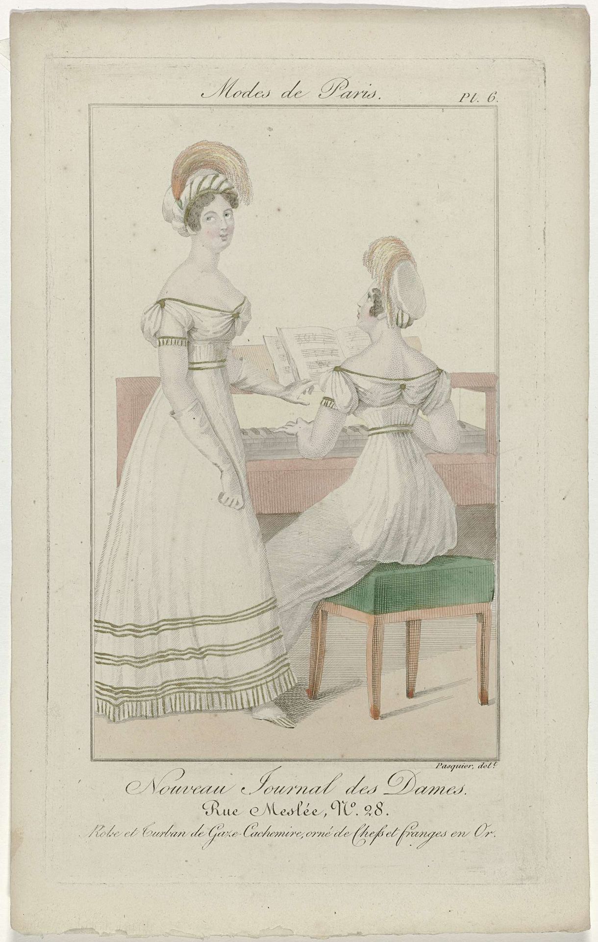 Nouveau Journal des Dames, 1821, Pl. 6 : Robe et turban de Gaze-Cachemir (...) by Chez Pasquier