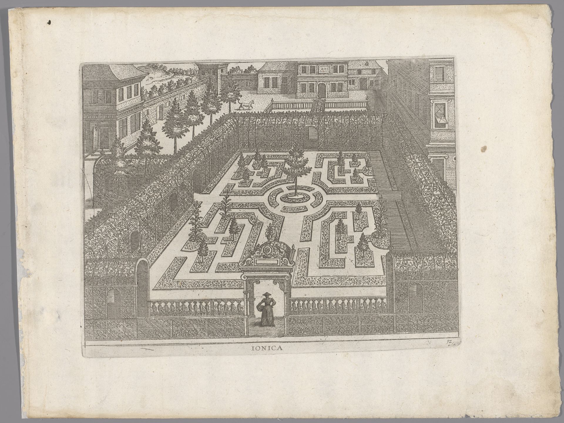 Tuin met een parterre omsloten door een gang van traliewerk by Anonymous